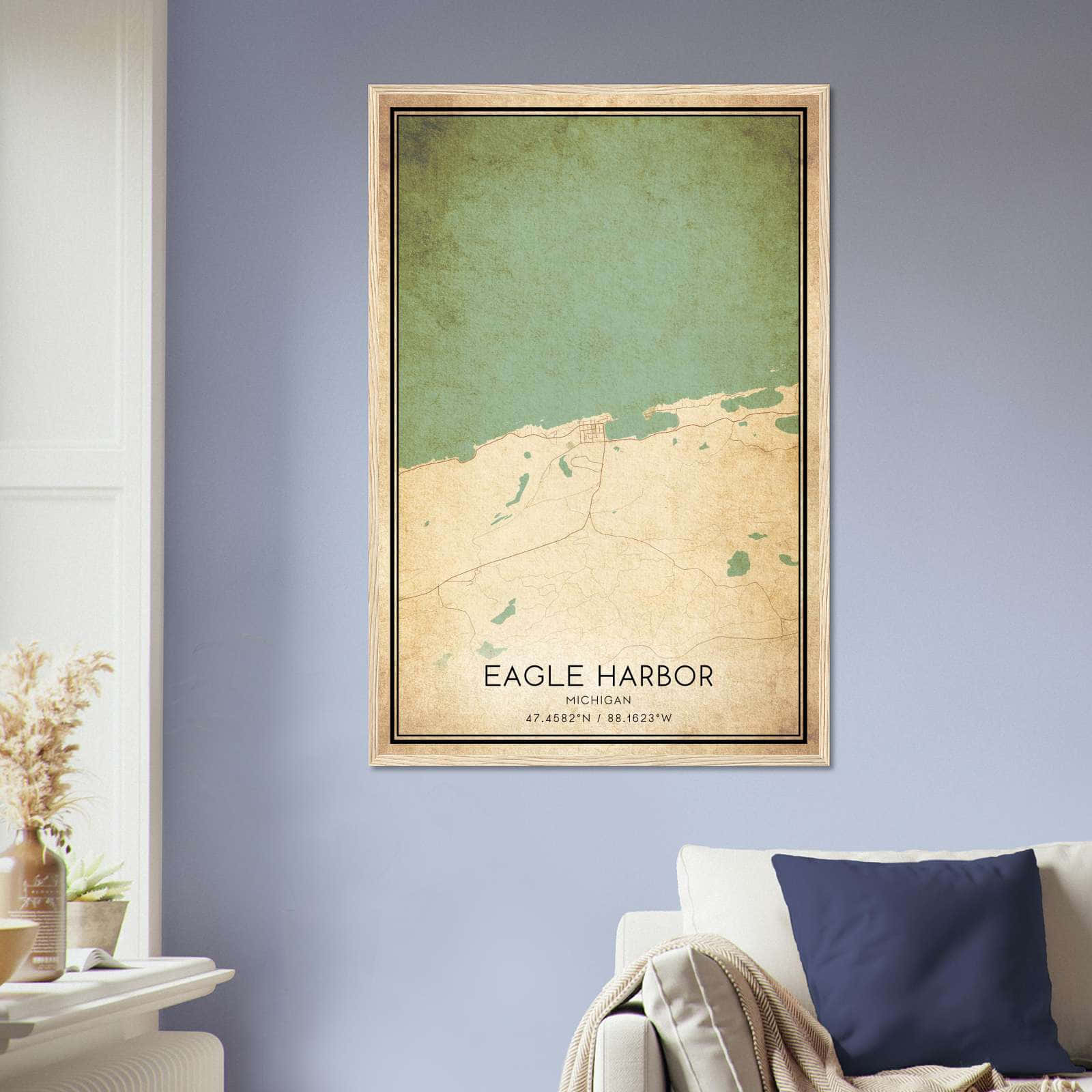 Vintage Eagle Harbor Michigan Map Poster, Eagle Harbor MI City Road Wall Art Print