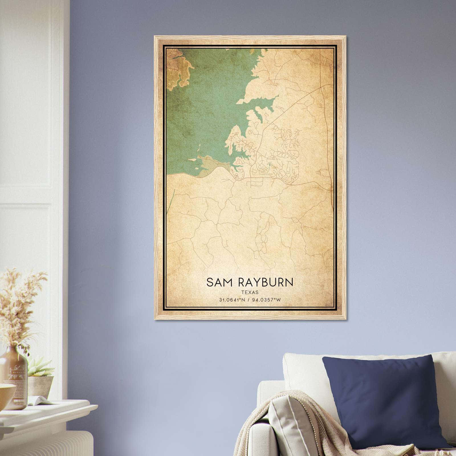 Vintage Sam Rayburn Texas Map Poster, Sam Rayburn TX City Road Wall Art Print