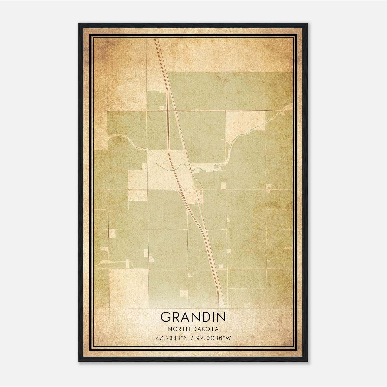 Vintage Grandin North Dakota Map Poster, Grandin ND City Road Wall Art Print Vintage Grandin North Dakota Map Poster, Grandin ND City Road Wall Art Print