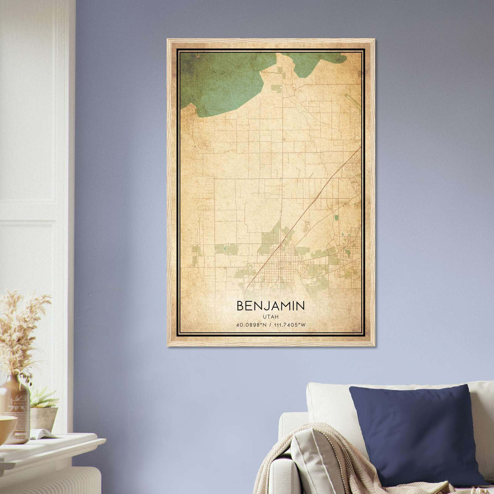 Vintage Benjamin Utah Map Poster, Benjamin UT City Road Wall Art Print