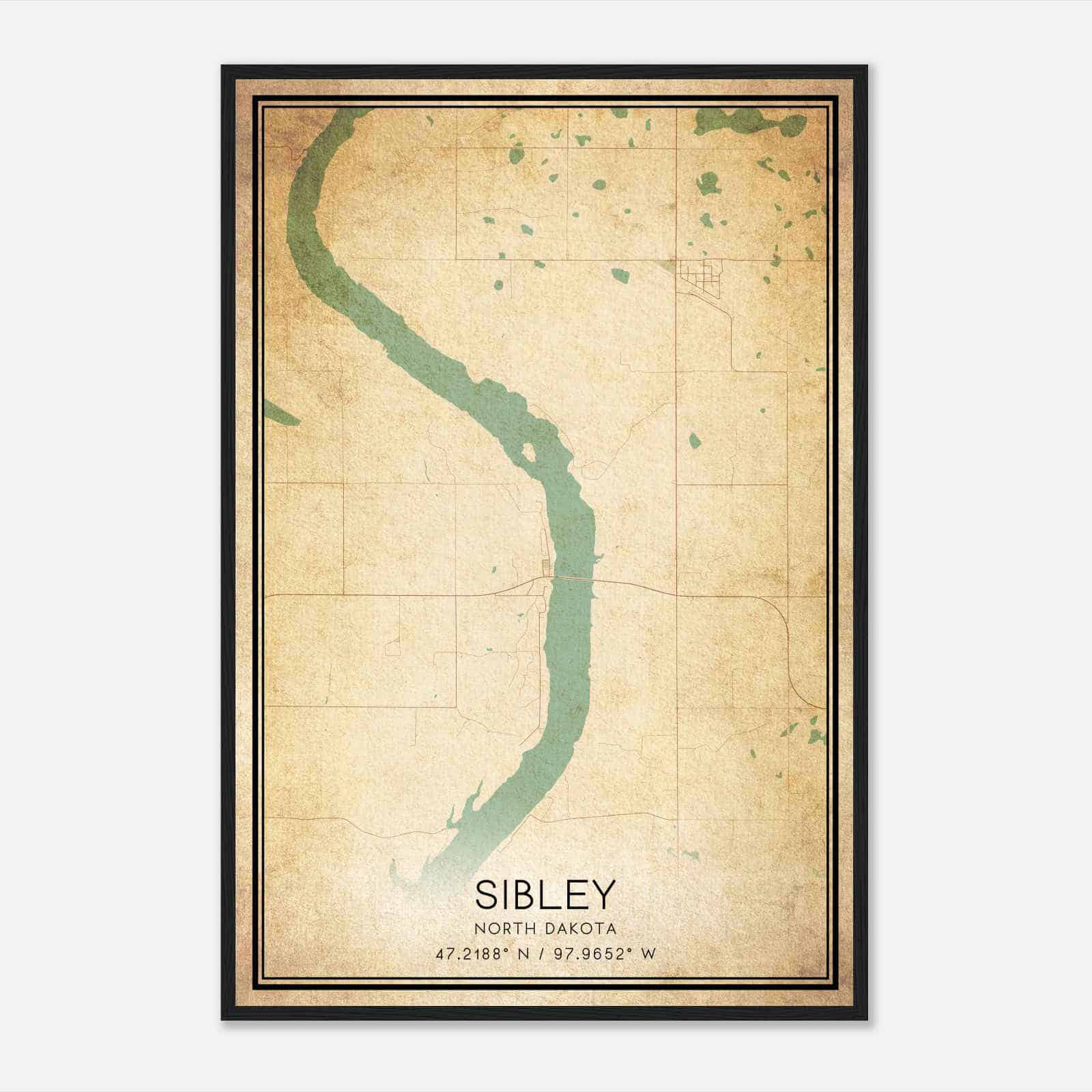 Vintage Sibley North Dakota Map Poster, Sibley ND City Road Wall Art Print Vintage Sibley North Dakota Map Poster, Sibley ND City Road Wall Art Print