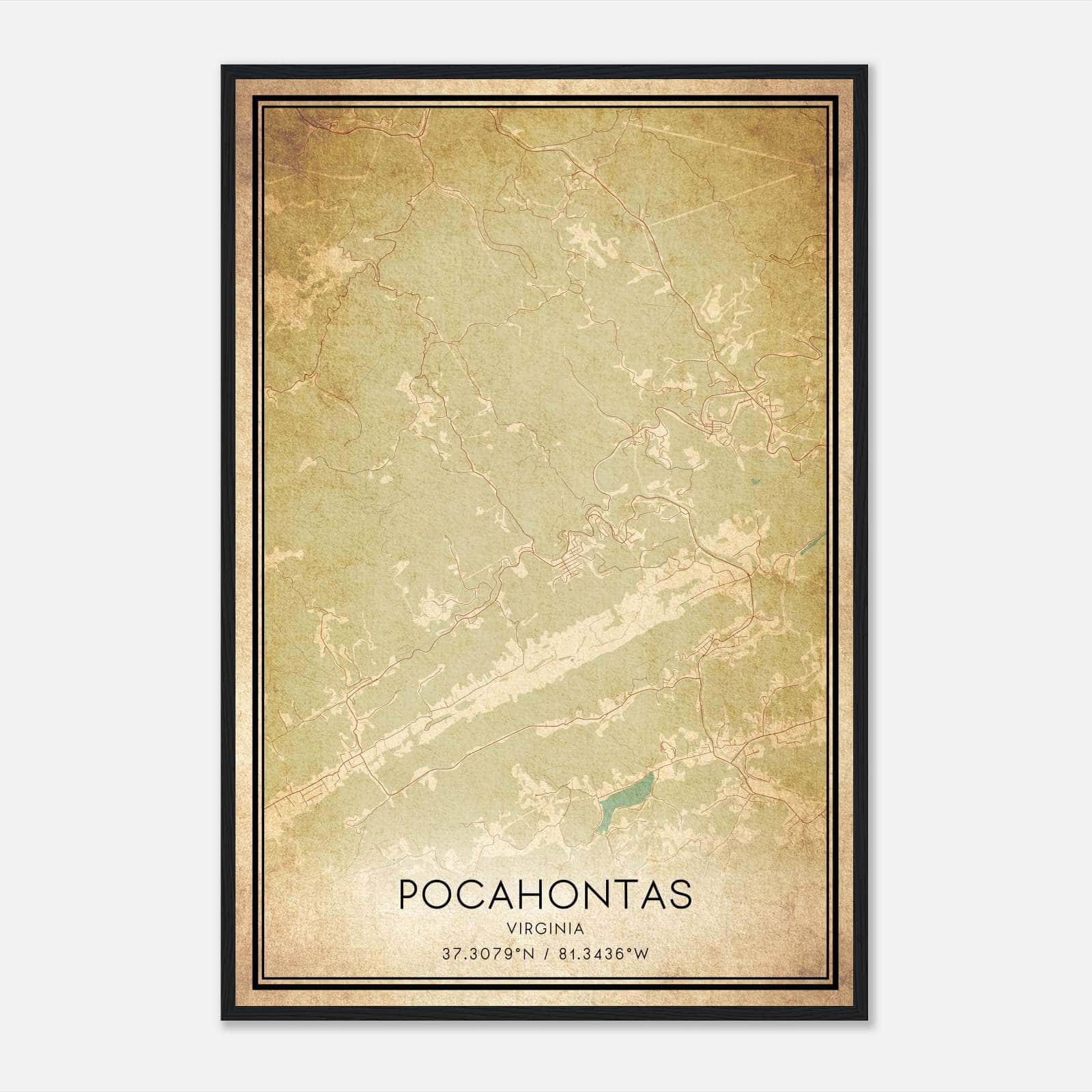 Vintage Pocahontas Virginia Map Poster, Pocahontas VA City Road Wall Art Print Vintage Pocahontas Virginia Map Poster, Pocahontas VA City Road Wall Art Print