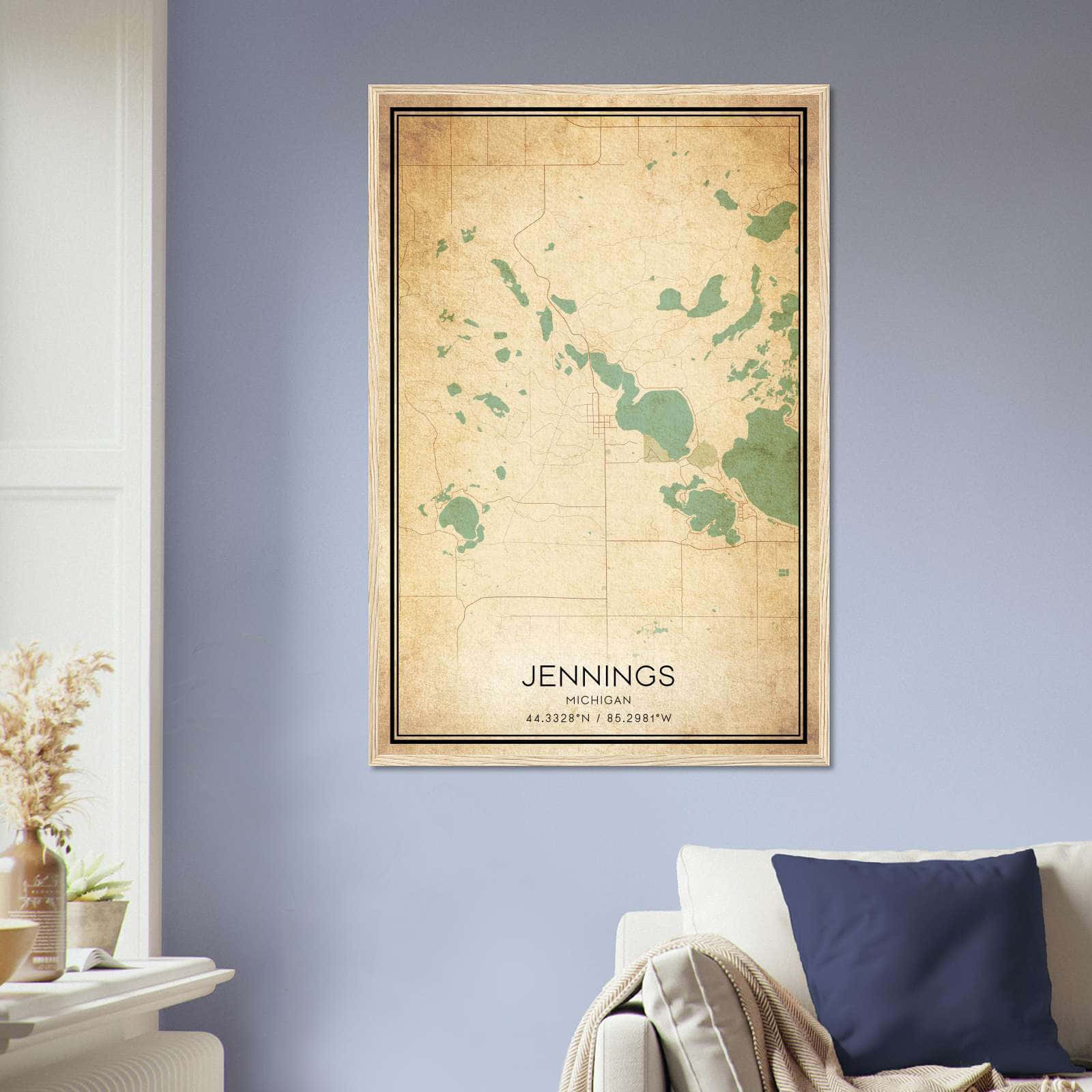 Vintage Jennings Michigan Map Poster, Jennings MI City Road Wall Art Print