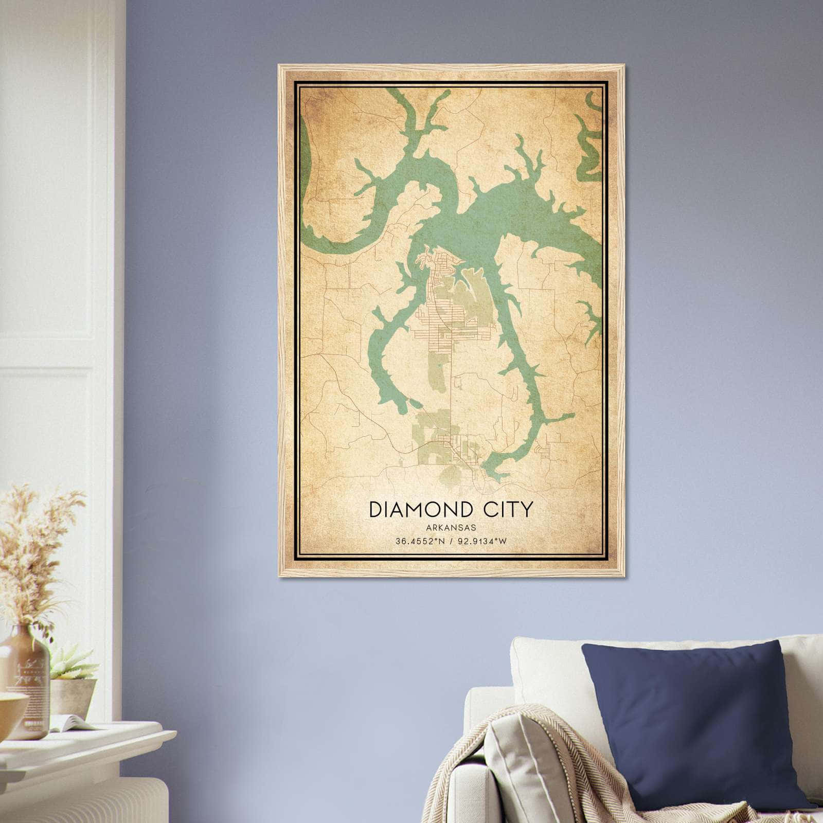 Vintage Diamond City Arkansas Map Poster, Diamond City AR City Road Wall Art Print