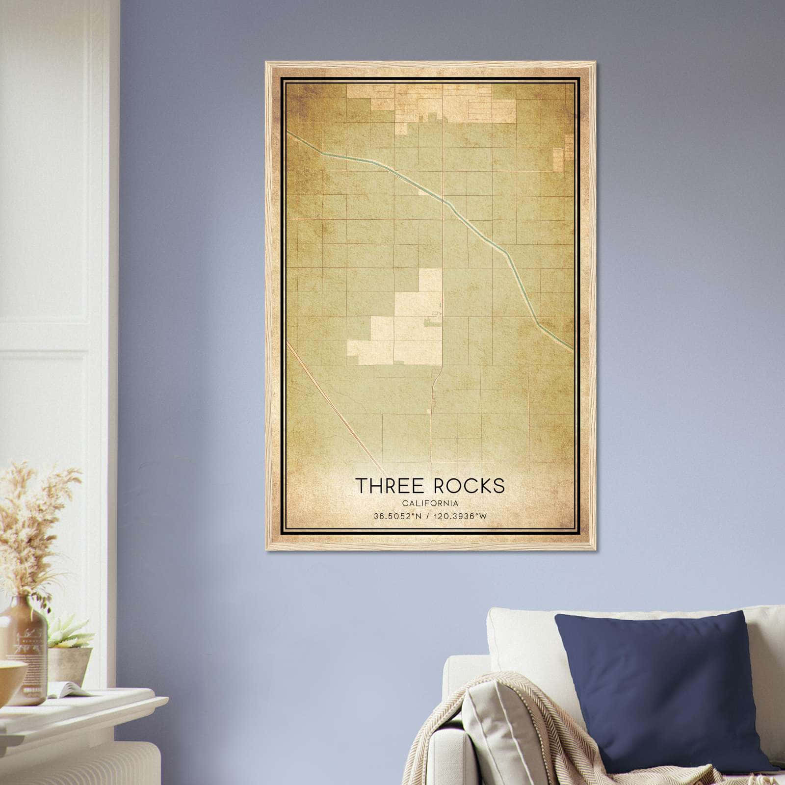 Vintage Three Rocks California Map Poster, Three Rocks CA City Road Wall Art Print
