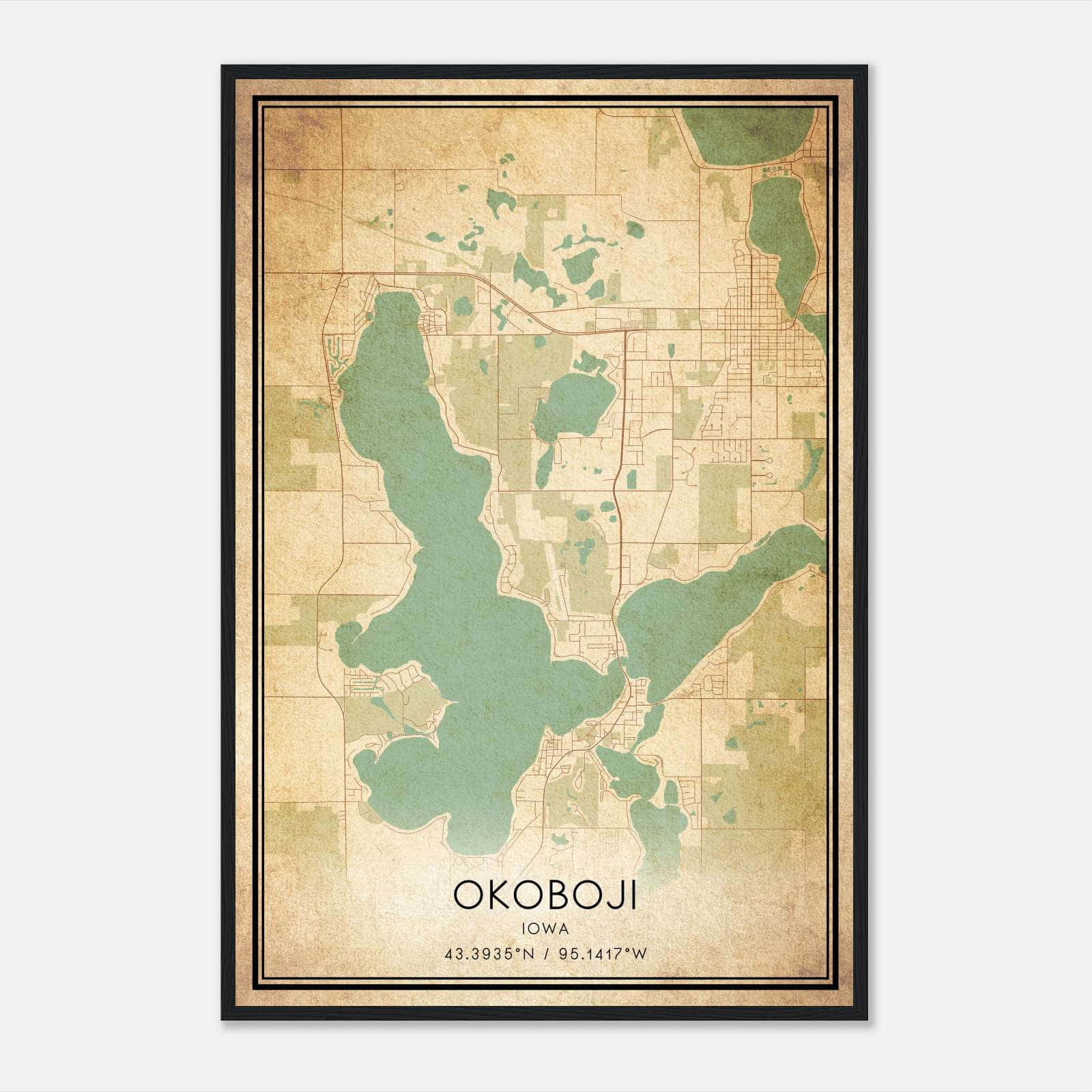 Vintage Okoboji Iowa Map Poster, Okoboji IA City Road Wall Art Print Vintage Okoboji Iowa Map Poster, Okoboji IA City Road Wall Art Print
