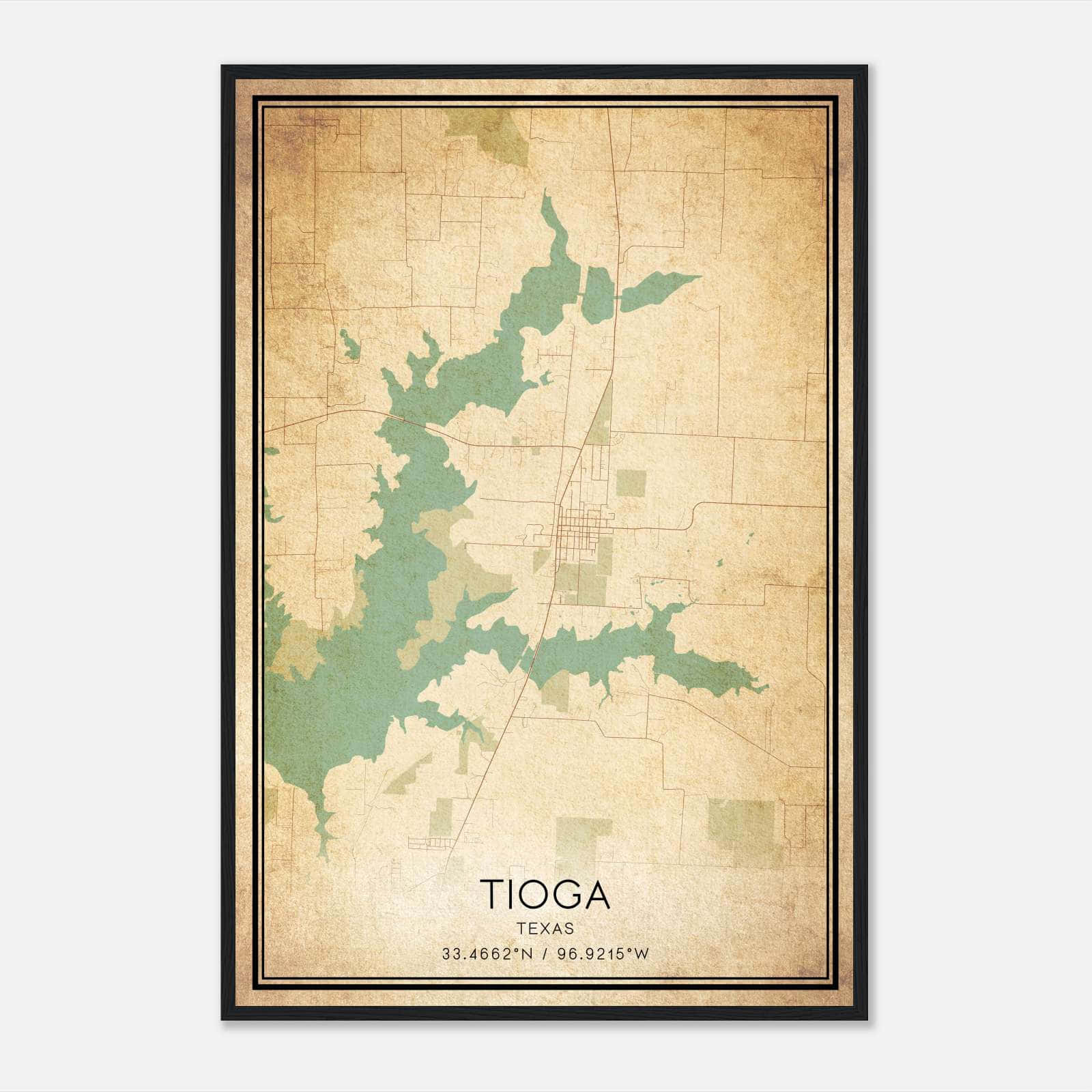 Vintage Tioga Texas Map Poster, Tioga TX City Road Wall Art Print Vintage Tioga Texas Map Poster, Tioga TX City Road Wall Art Print
