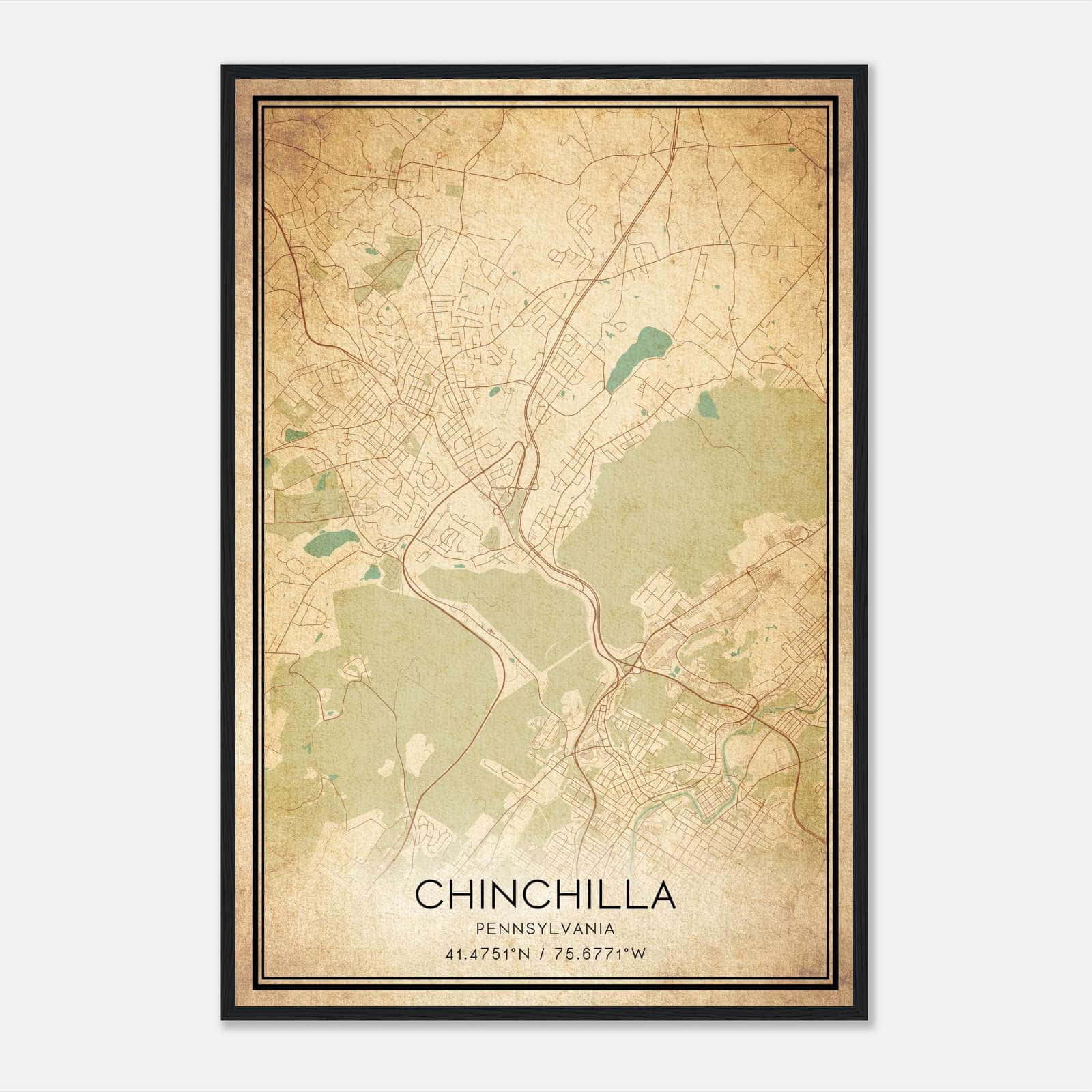 Vintage Chinchilla Pennsylvania Map Poster, Chinchilla PA City Road Wall Art Print Vintage Chinchilla Pennsylvania Map Poster, Chinchilla PA City Road Wall Art Print