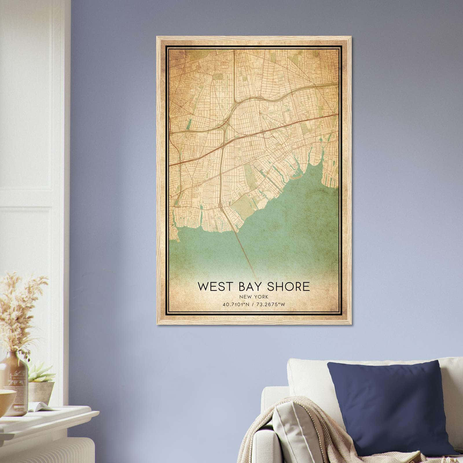 Vintage West Bay Shore New York Map Poster, West Bay Shore NY City Road Wall Art Print