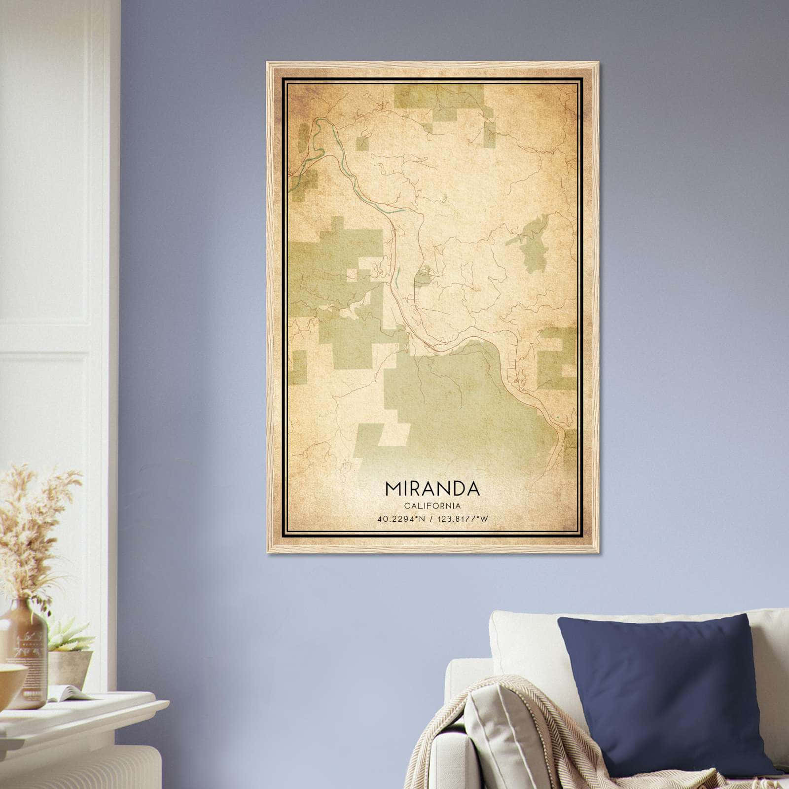 Vintage Miranda California Map Poster, Miranda CA City Road Wall Art Print