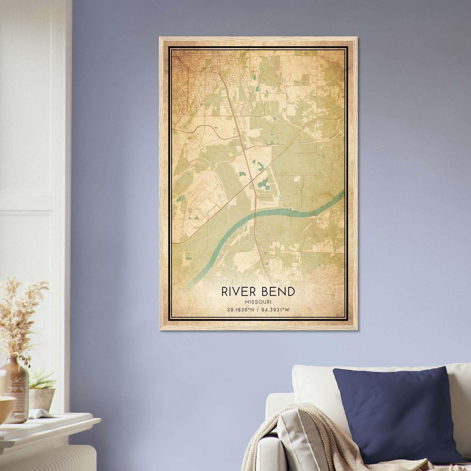 Vintage River Bend Missouri Map Poster, River Bend MO City Road Wall Art Print