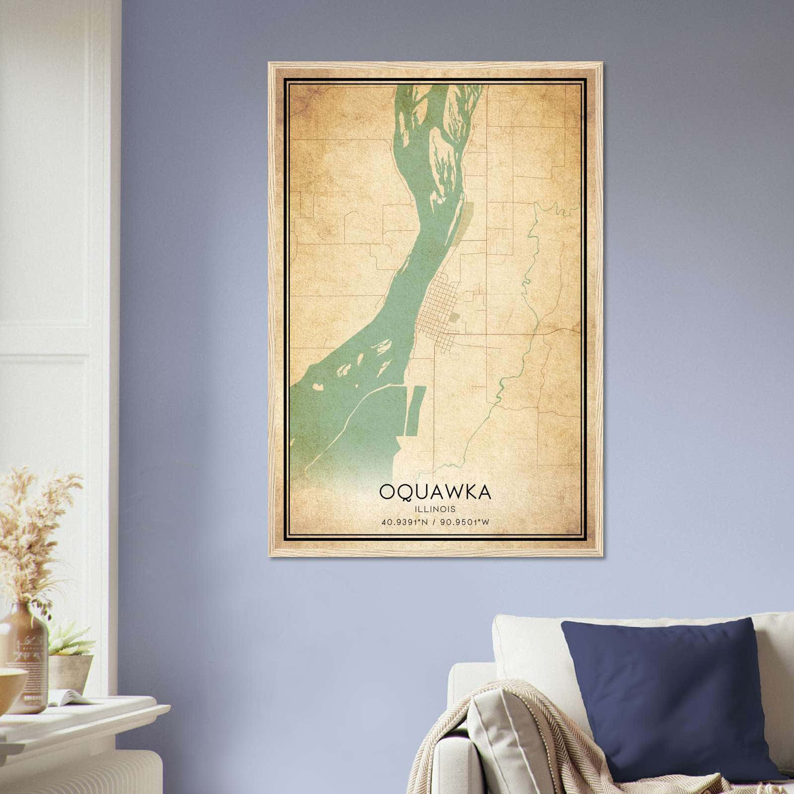 Vintage Oquawka Illinois Map Poster, Oquawka IL City Road Wall Art Print