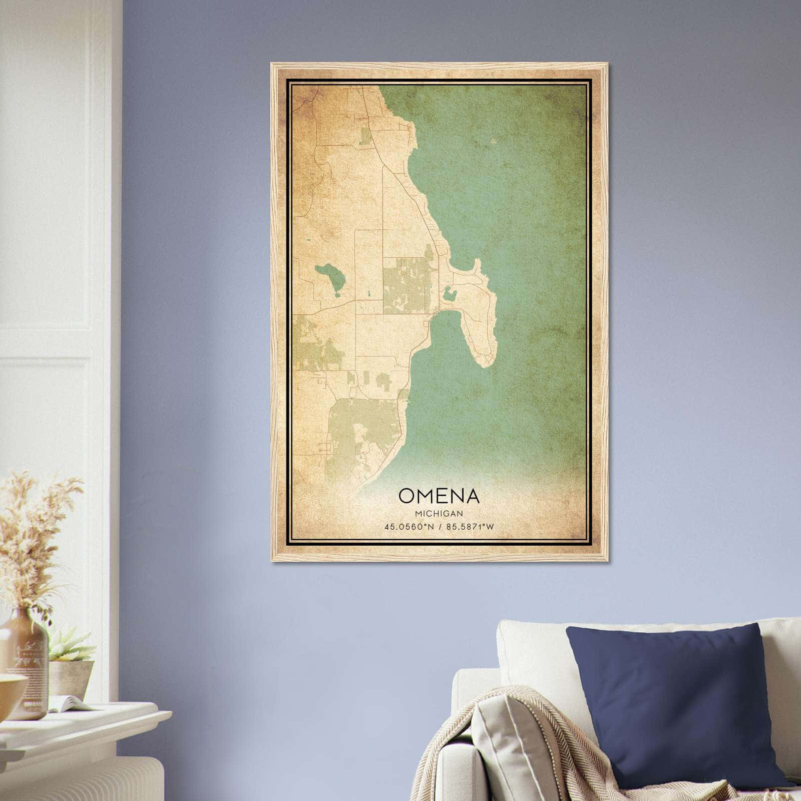 Vintage Omena Michigan Map Poster, Omena MI City Road Wall Art Print