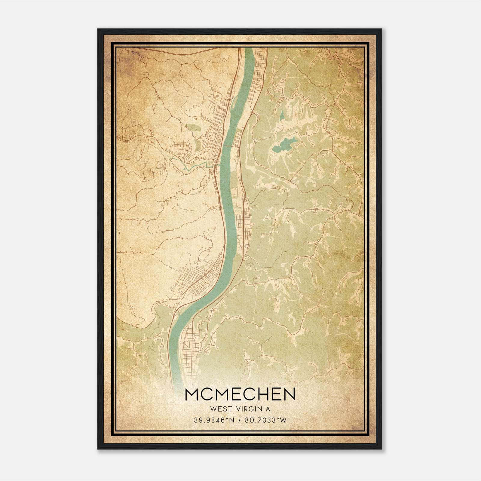 Vintage Mcmechen West Virginia Map Poster, Mcmechen WV City Road Wall Art Print Vintage Mcmechen West Virginia Map Poster, Mcmechen WV City Road Wall Art Print
