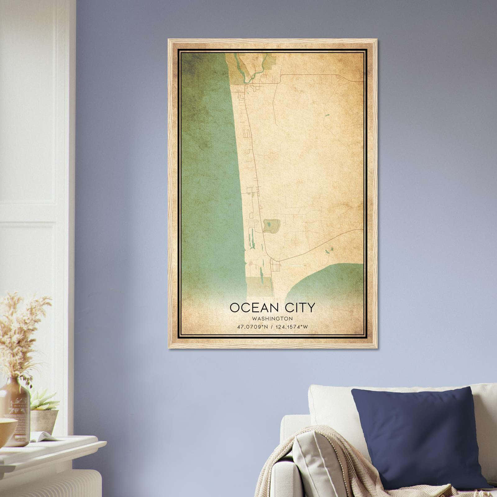 Vintage Ocean City Washington Map Poster, Ocean City WA City Road Wall Art Print