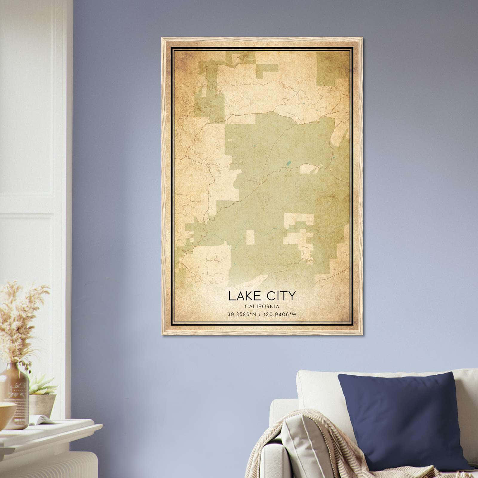 Vintage Lake City California Map Poster, Lake City CA City Road Wall Art Print