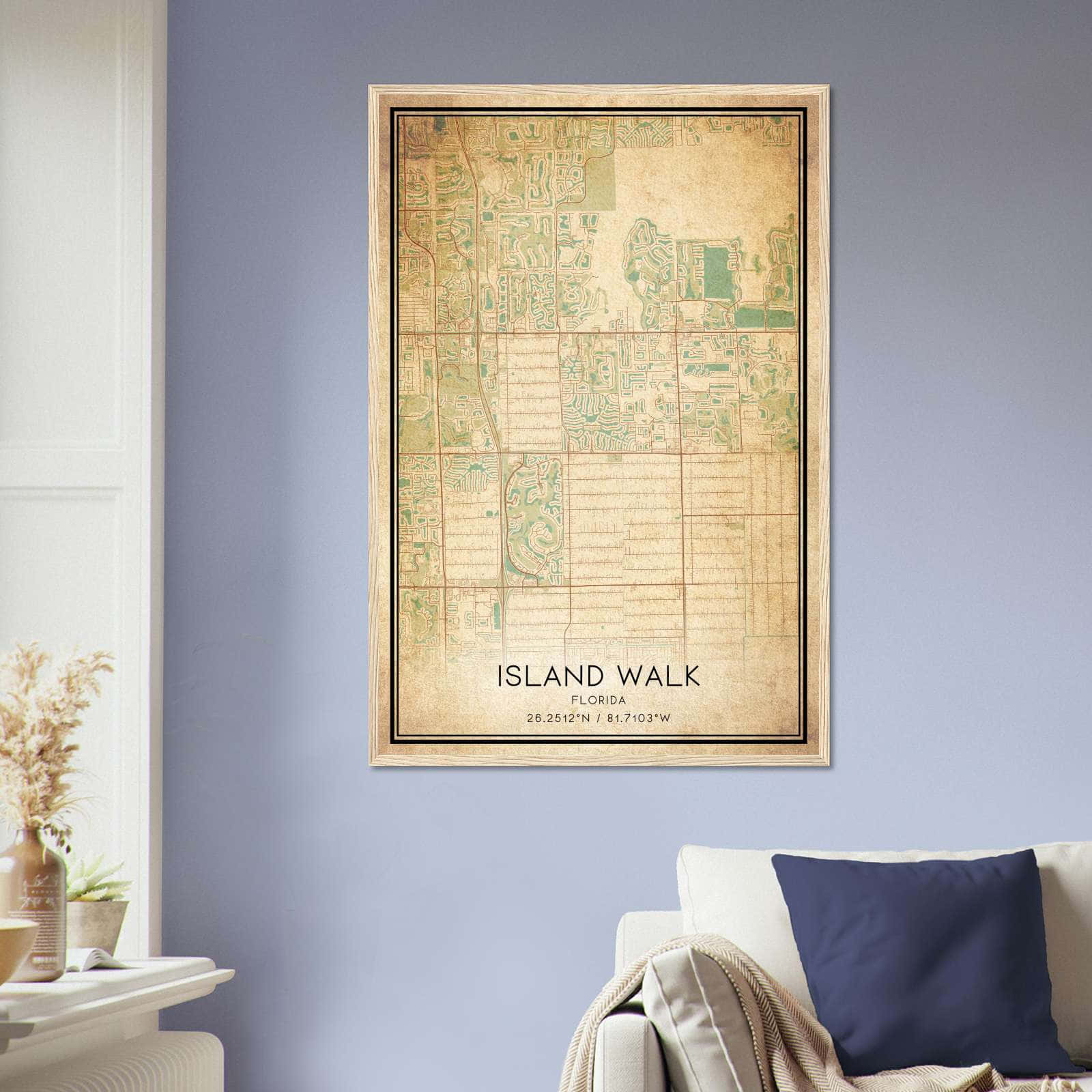 Vintage Island Walk Florida Map Poster, Island Walk FL City Road Wall Art Print