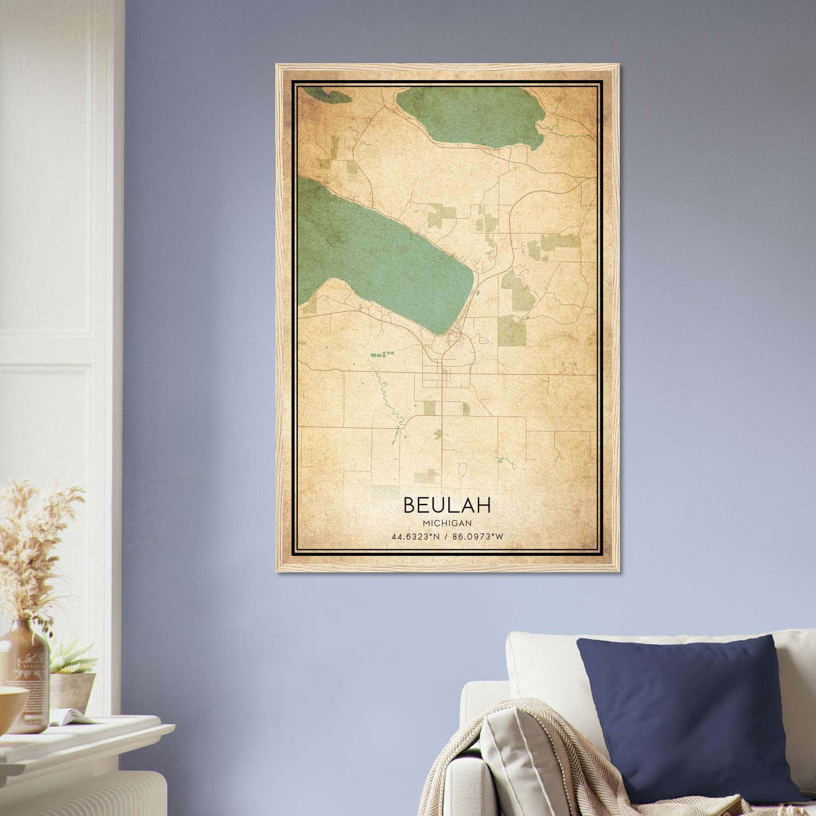 Vintage Beulah Michigan Map Poster, Beulah MI City Road Wall Art Print