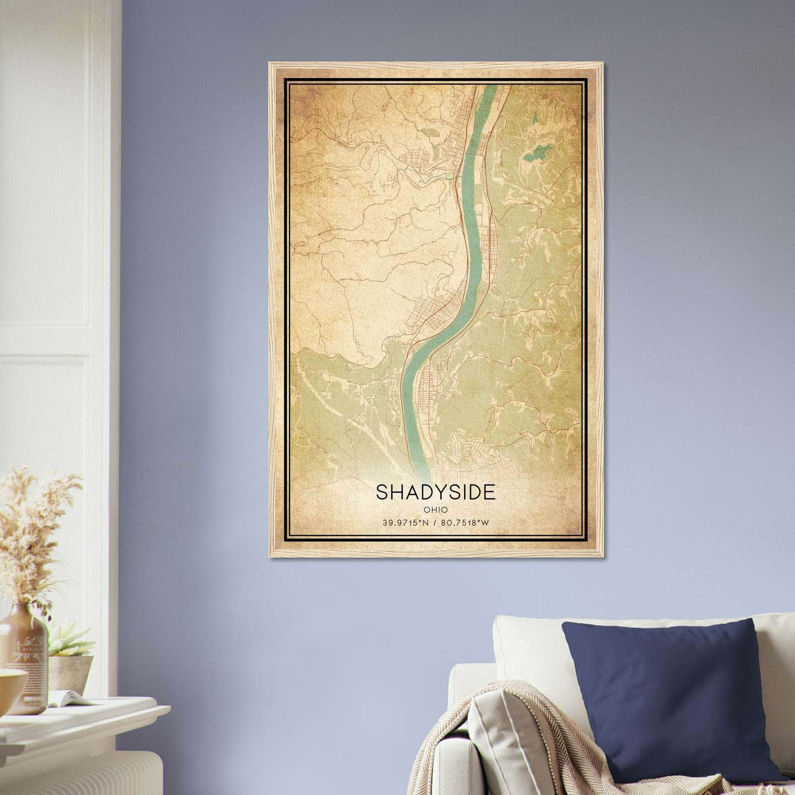 Vintage Shadyside Ohio Map Poster, Shadyside OH City Road Wall Art Print