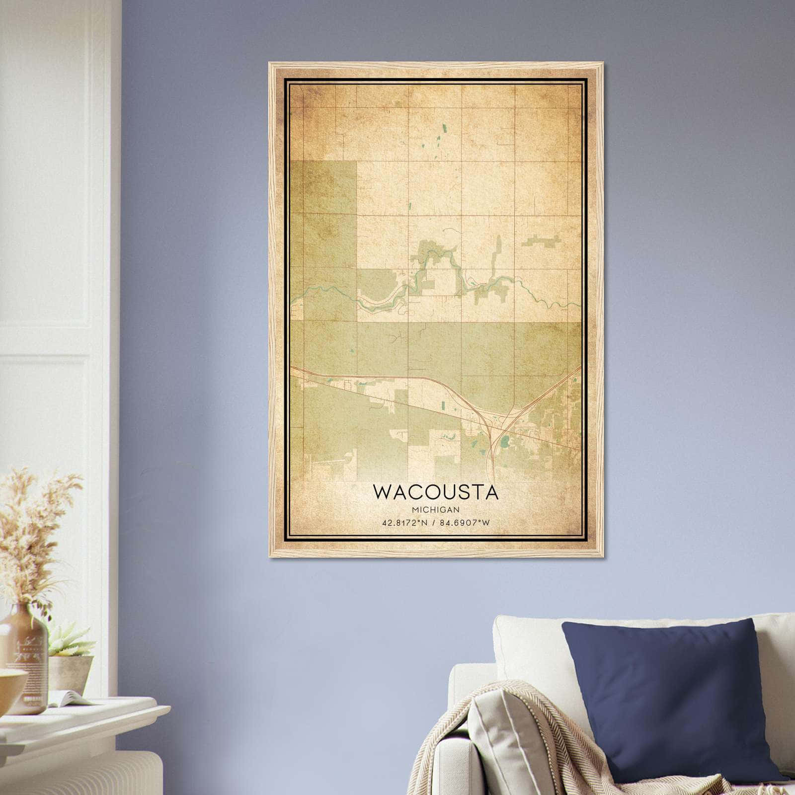 Vintage Wacousta Michigan Map Poster, Wacousta MI City Road Wall Art Print