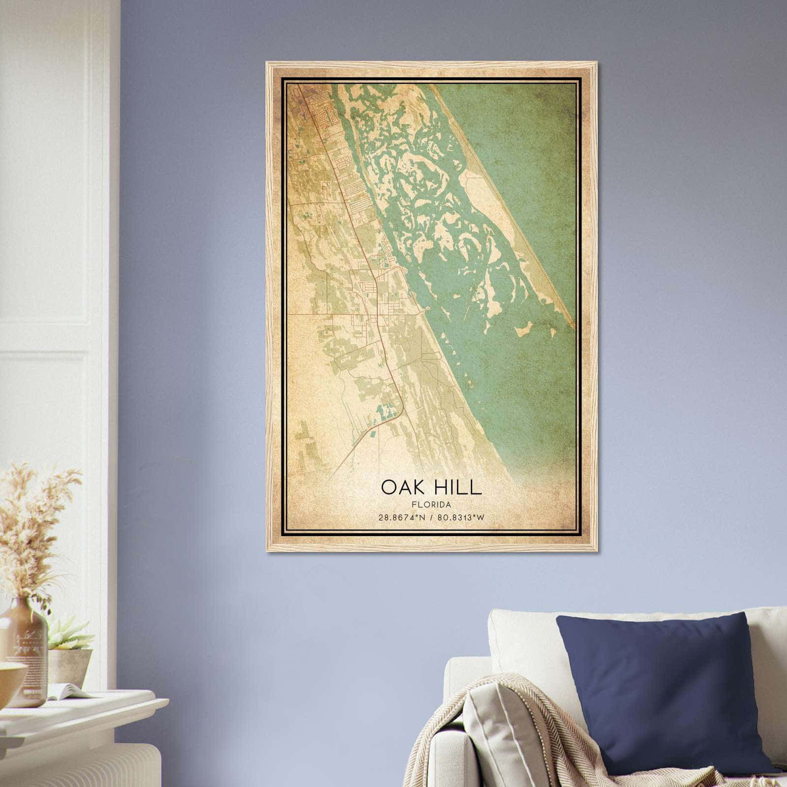 Vintage Oak Hill Florida Map Poster, Oak Hill FL City Road Wall Art Print