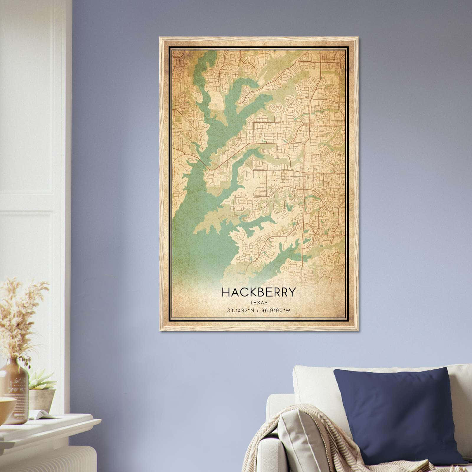 Vintage Hackberry Texas Map Poster, Hackberry TX City Road Wall Art Print