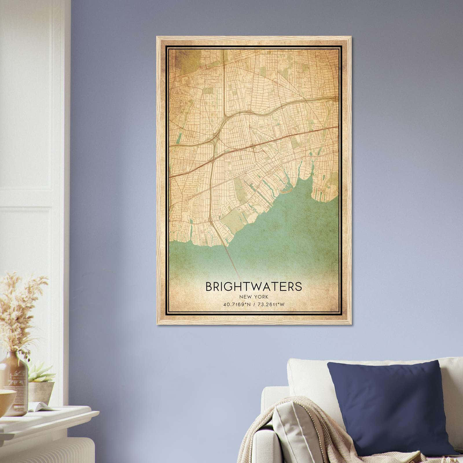 Vintage Brightwaters New York Map Poster, Brightwaters NY City Road Wall Art Print