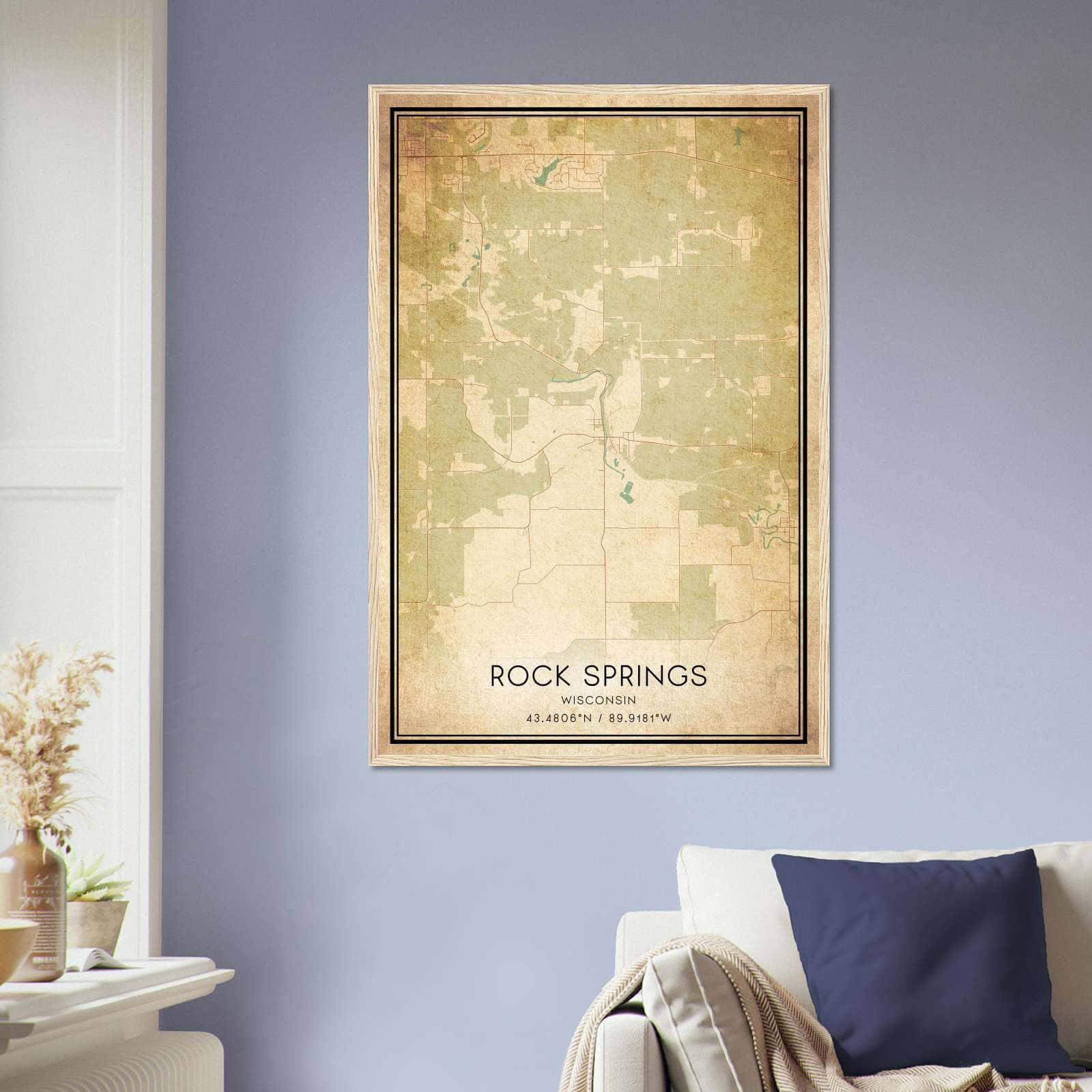 Vintage Rock Springs Wisconsin Map Poster, Rock Springs WI City Road Wall Art Print
