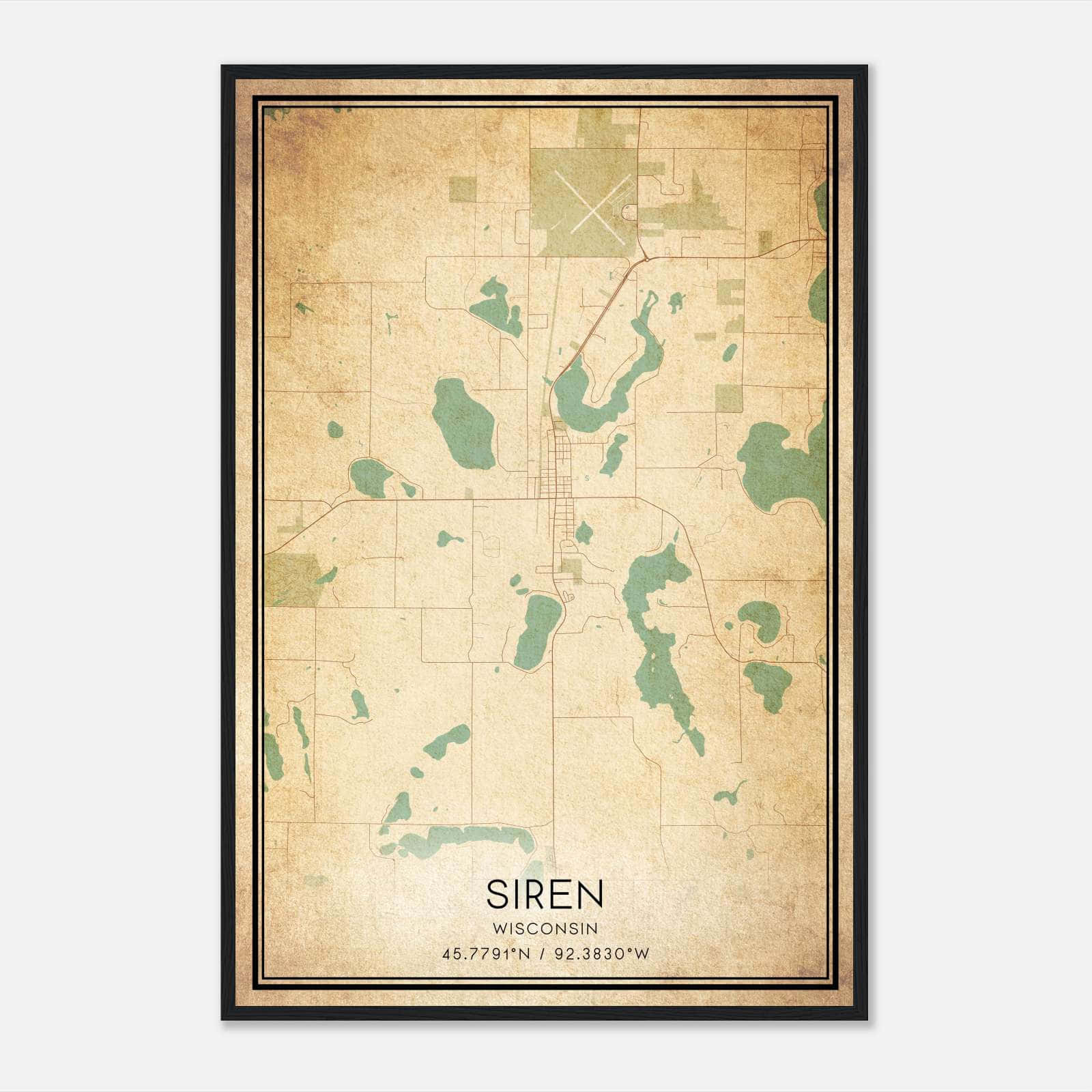 Vintage Siren Wisconsin Map Poster, Siren WI City Road Wall Art Print Vintage Siren Wisconsin Map Poster, Siren WI City Road Wall Art Print