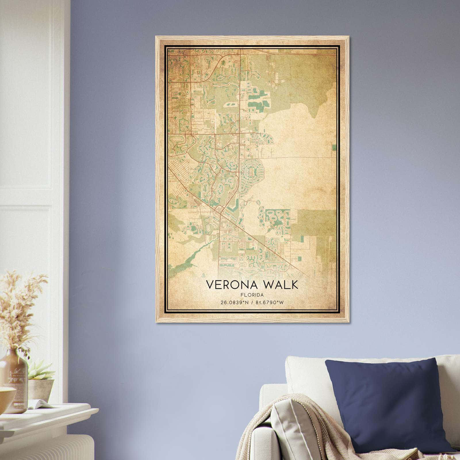 Vintage Verona Walk Florida Map Poster, Verona Walk FL City Road Wall Art Print