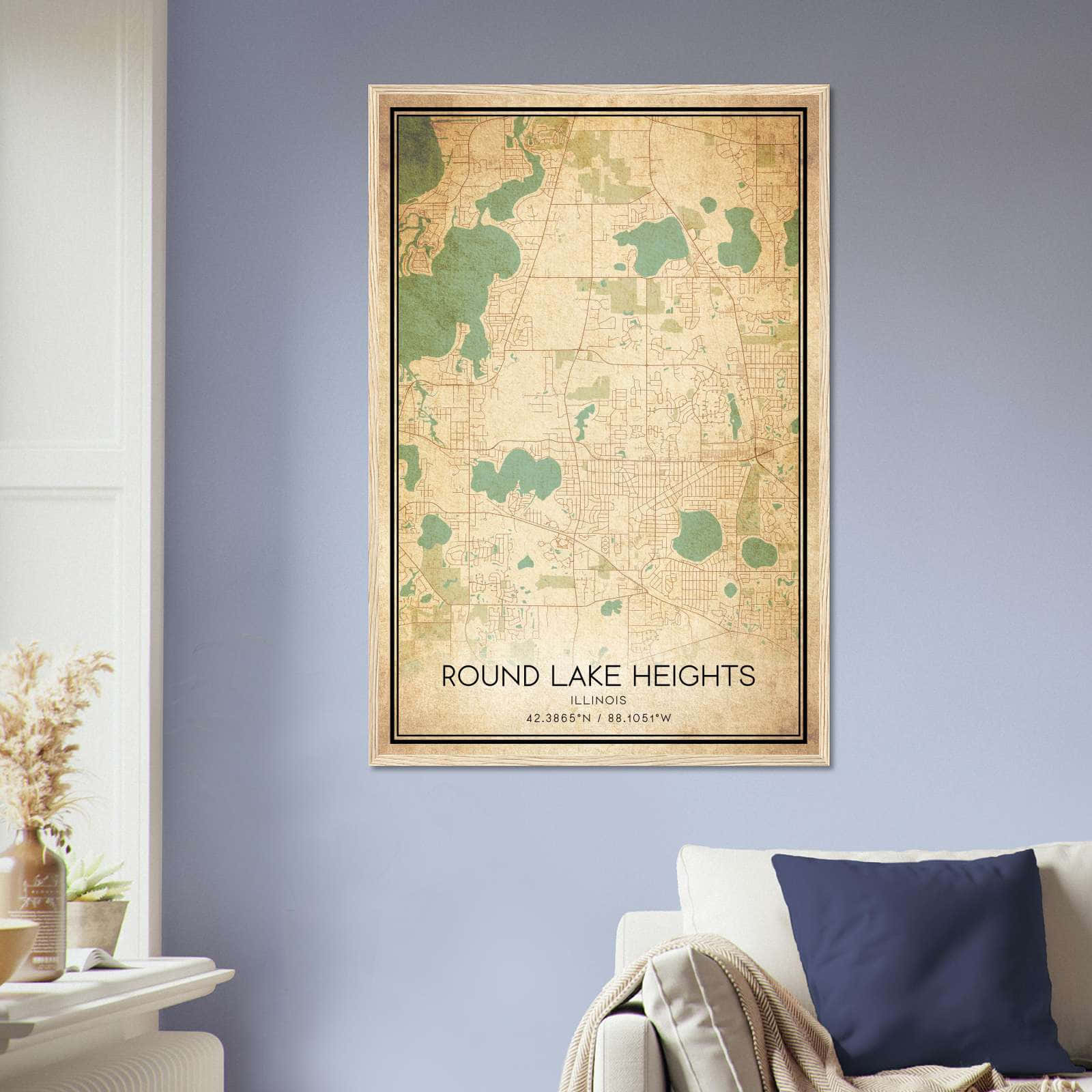 Vintage Round Lake Heights Illinois Map Poster, Round Lake Heights IL City Road Wall Art Print