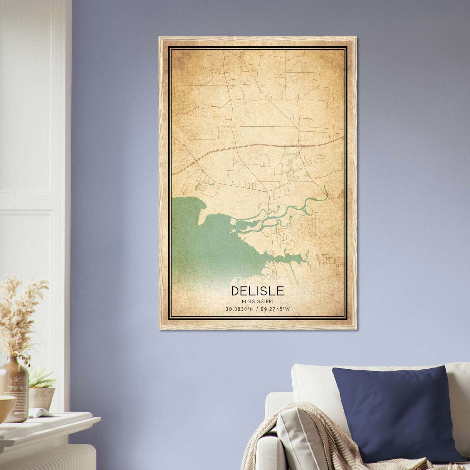 Vintage Delisle Mississippi Map Poster, Delisle MS City Road Wall Art Print