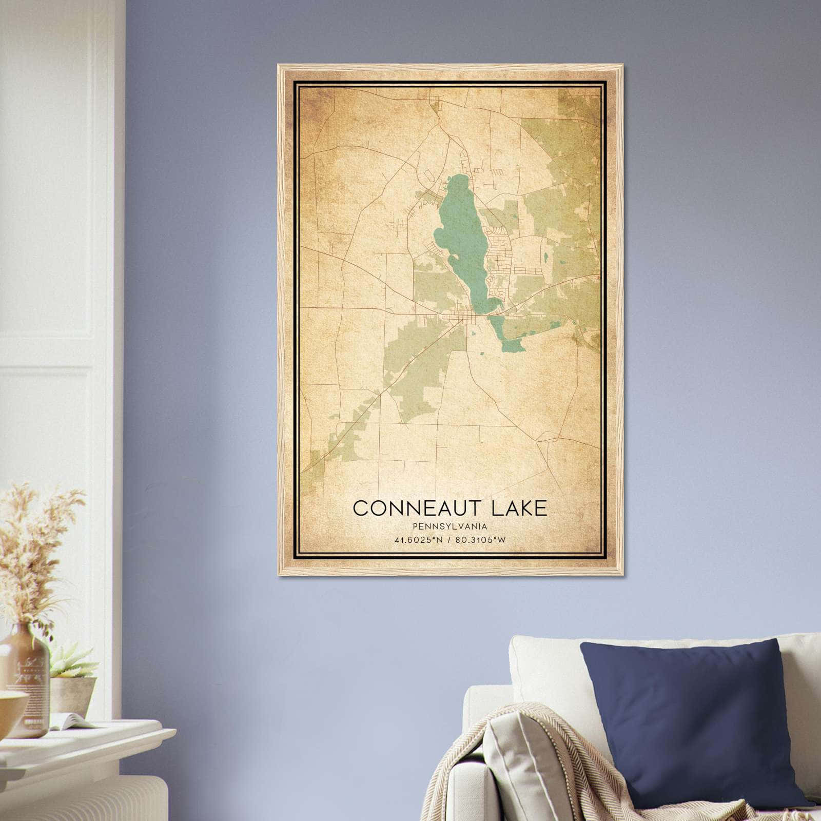 Vintage Conneaut Lake Pennsylvania Map Poster, Conneaut Lake PA City Road Wall Art Print