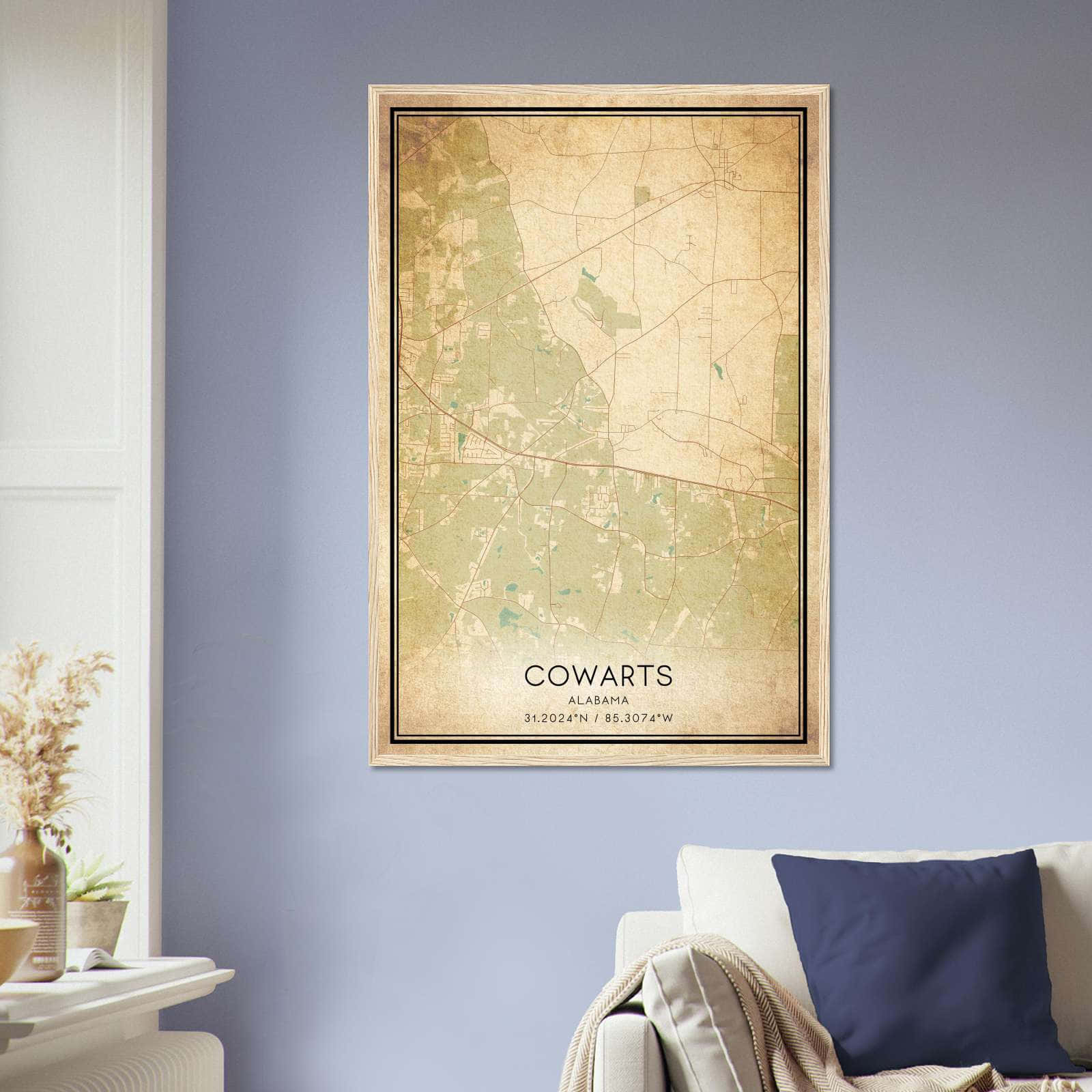 Vintage Cowarts Alabama Map Poster, Cowarts AL City Road Wall Art Print