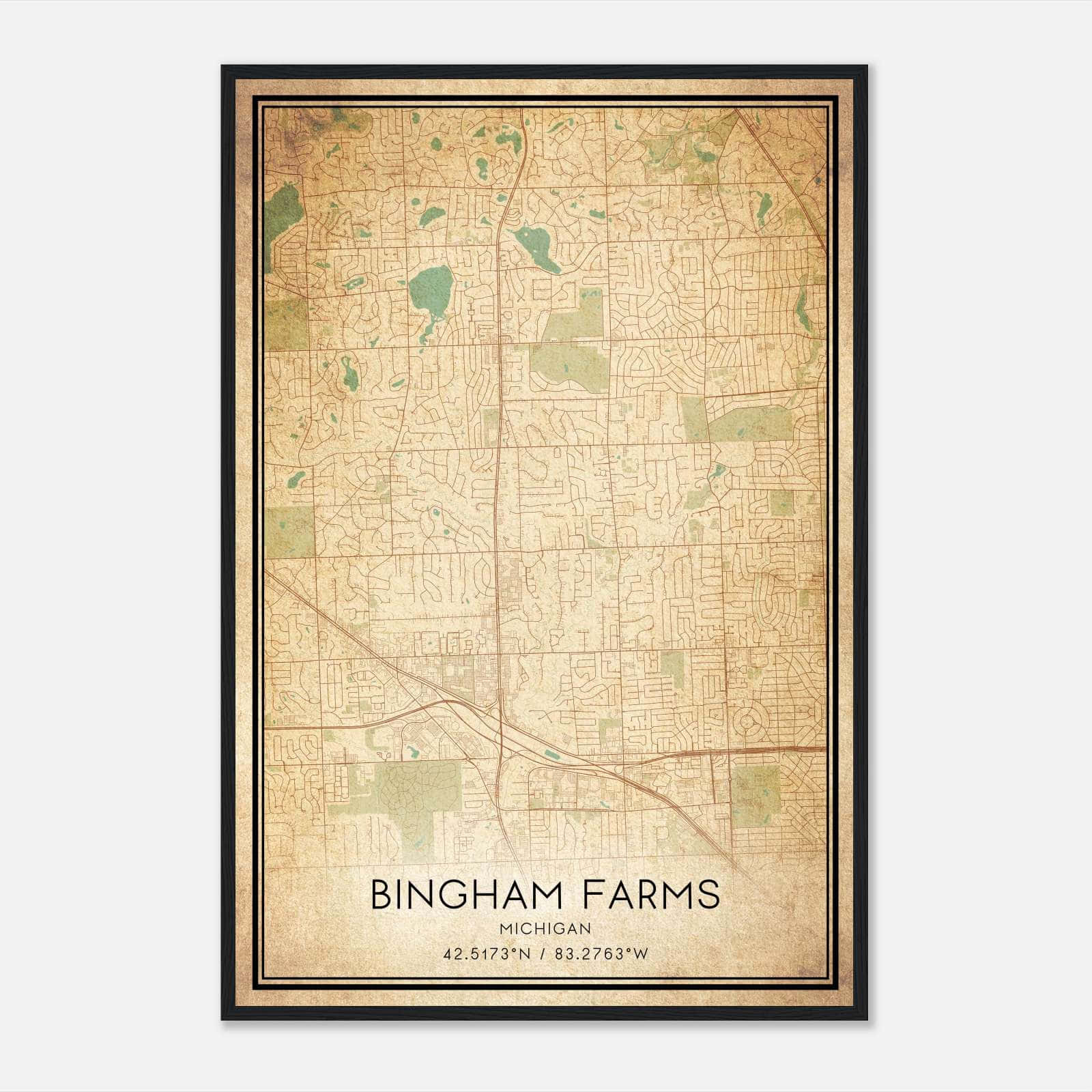 Vintage Bingham Farms Michigan Map Poster, Bingham Farms MI City Road Wall Art Print Vintage Bingham Farms Michigan Map Poster, Bingham Farms MI City Road Wall Art Print