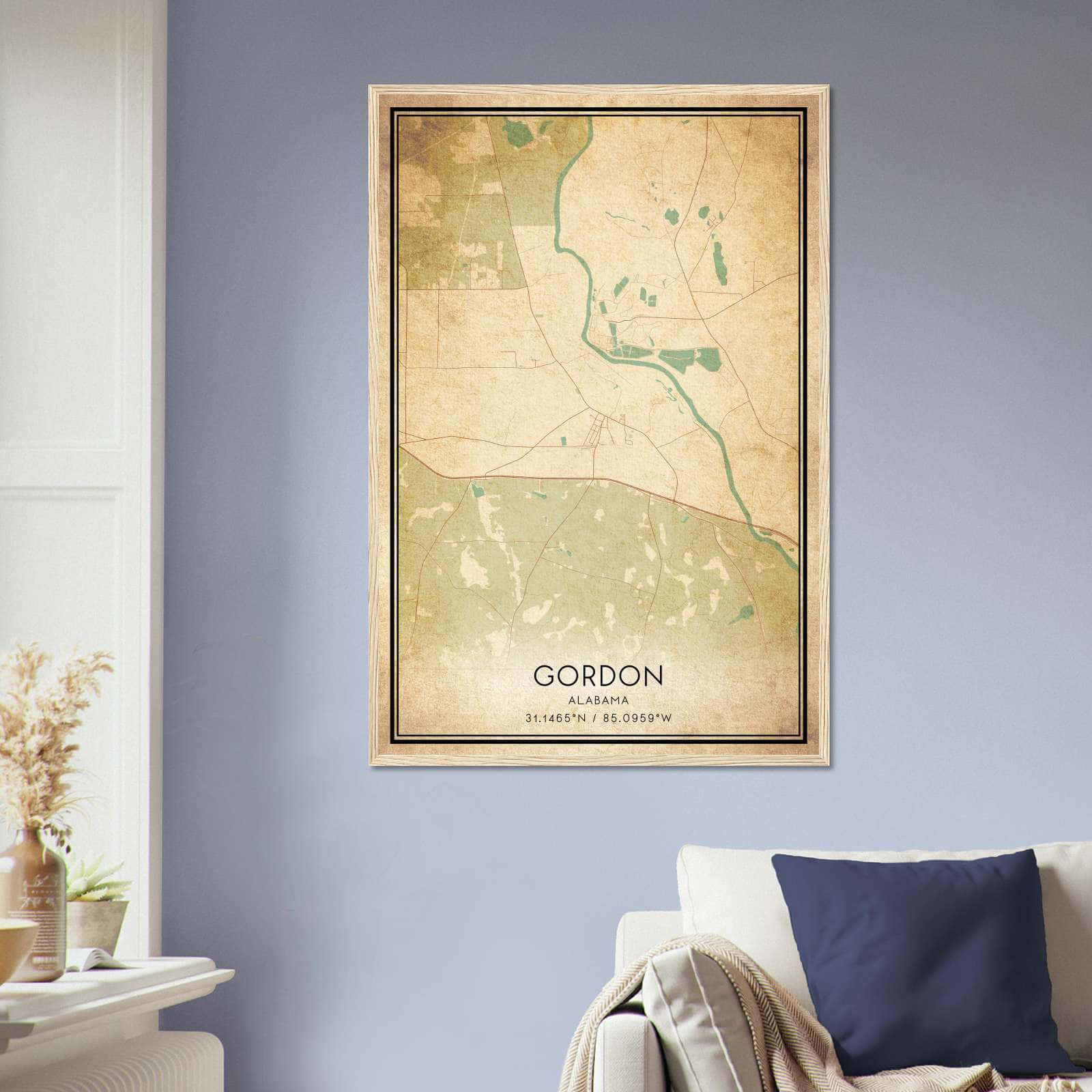 Vintage Gordon Alabama Map Poster, Gordon AL City Road Wall Art Print