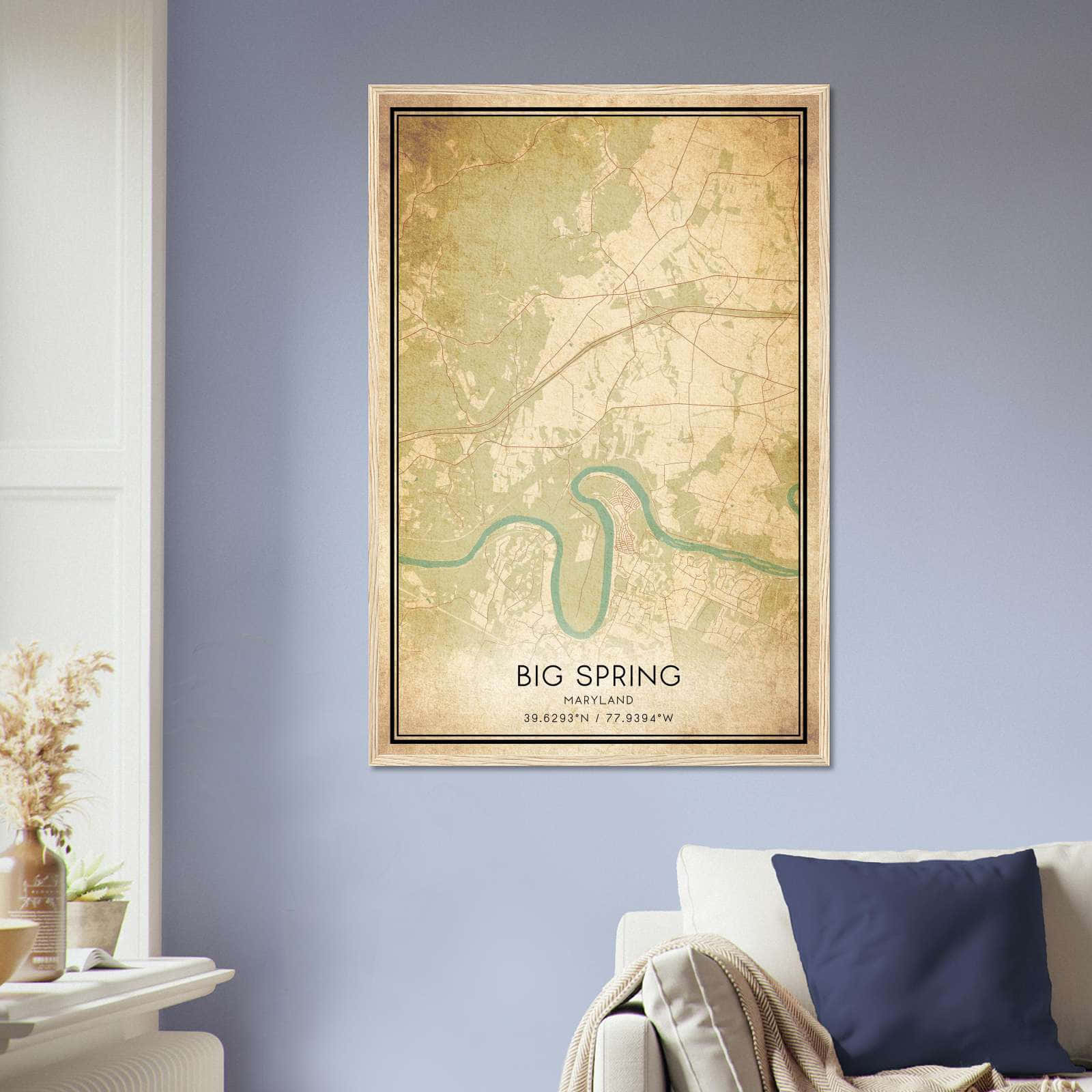 Vintage Big Spring Maryland Map Poster, Big Spring MD City Road Wall Art Print