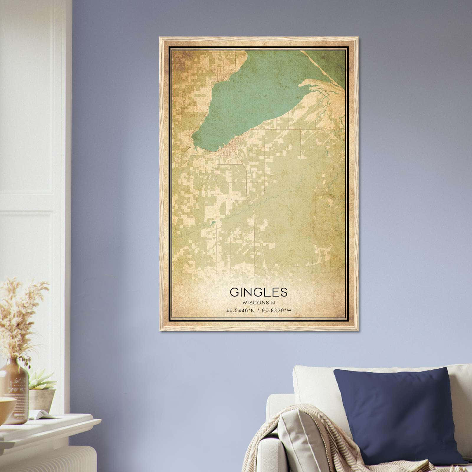 Vintage Gingles Wisconsin Map Poster, Gingles WI City Road Wall Art Print