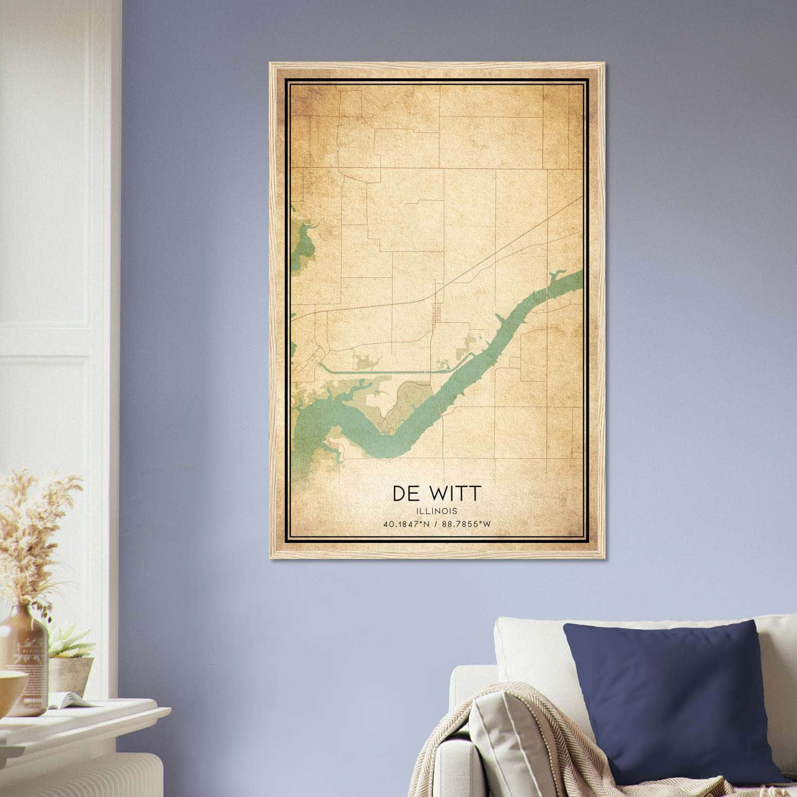 Vintage De Witt Illinois Map Poster, De Witt IL City Road Wall Art Print
