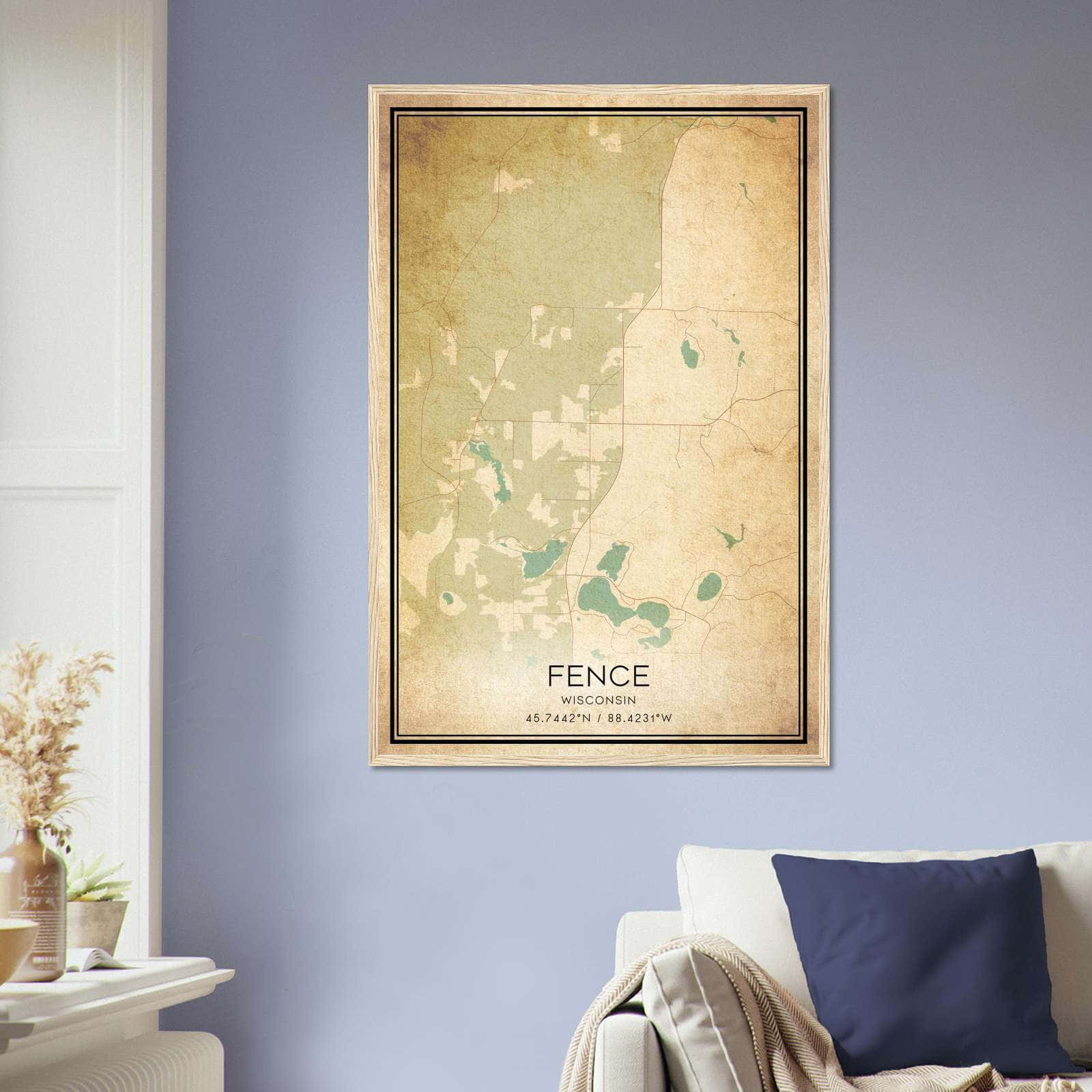Vintage Fence Wisconsin Map Poster, Fence WI City Road Wall Art Print