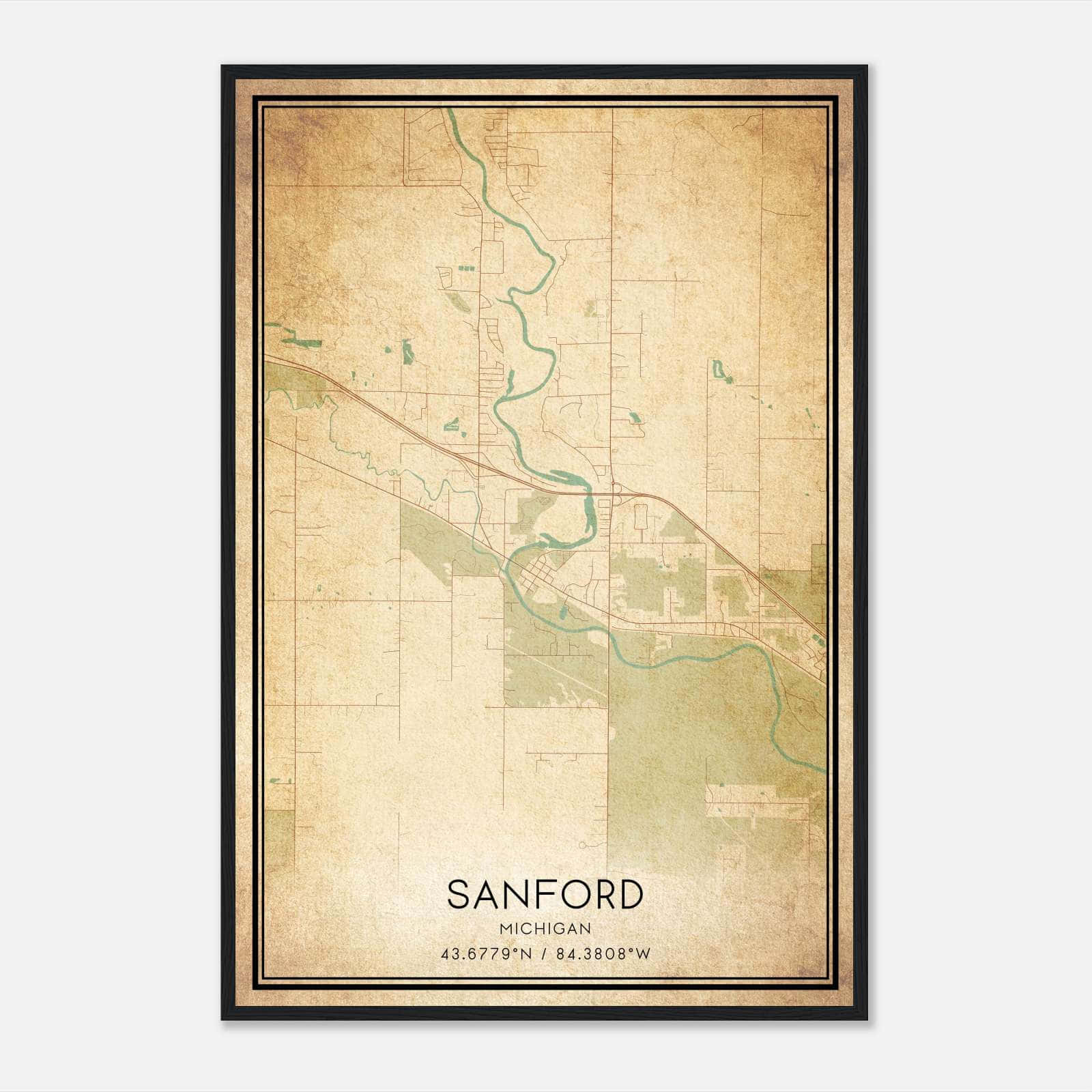 Vintage Sanford Michigan Map Poster, Sanford MI City Road Wall Art Print Vintage Sanford Michigan Map Poster, Sanford MI City Road Wall Art Print