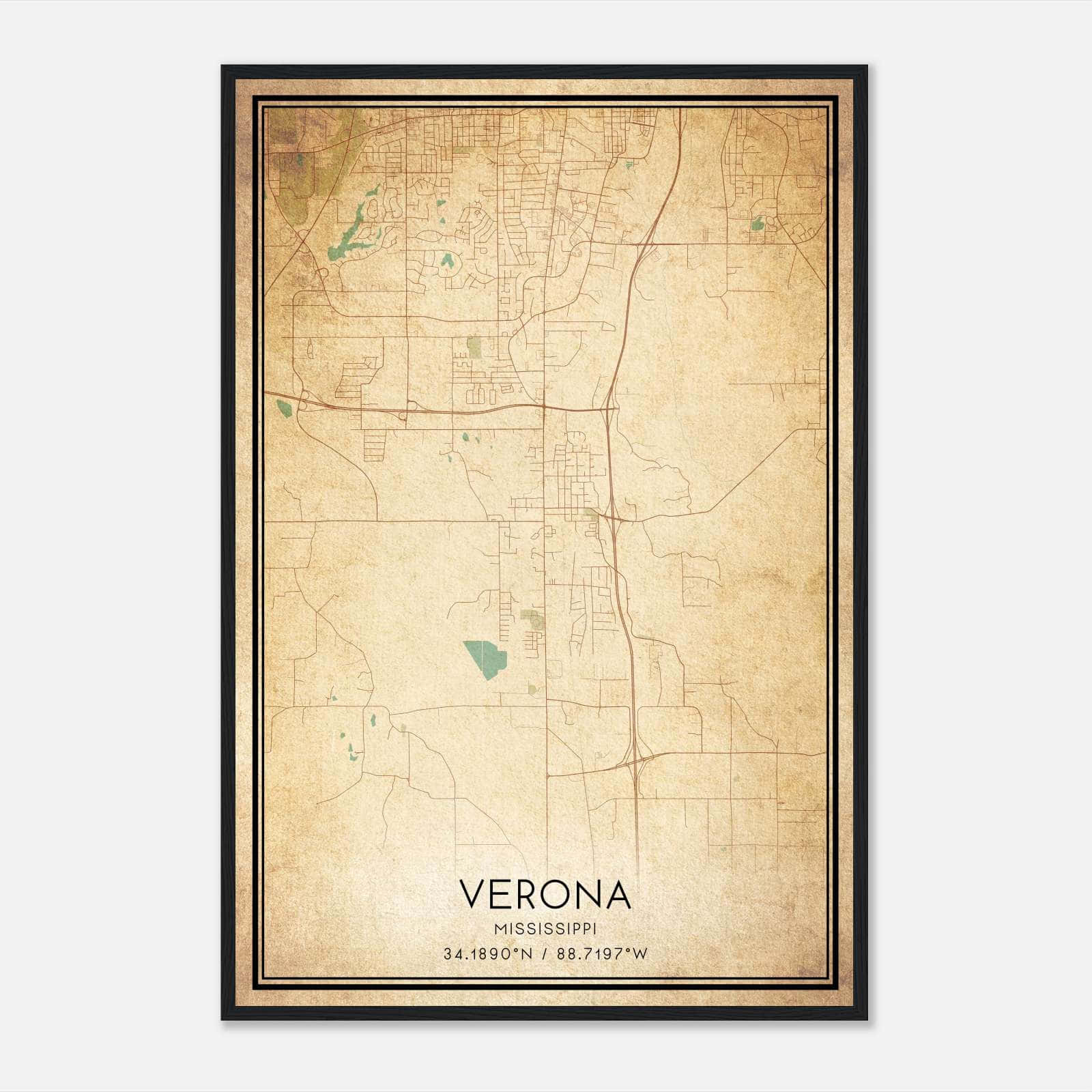 Vintage Verona Mississippi Map Poster, Verona MS City Road Wall Art Print Vintage Verona Mississippi Map Poster, Verona MS City Road Wall Art Print