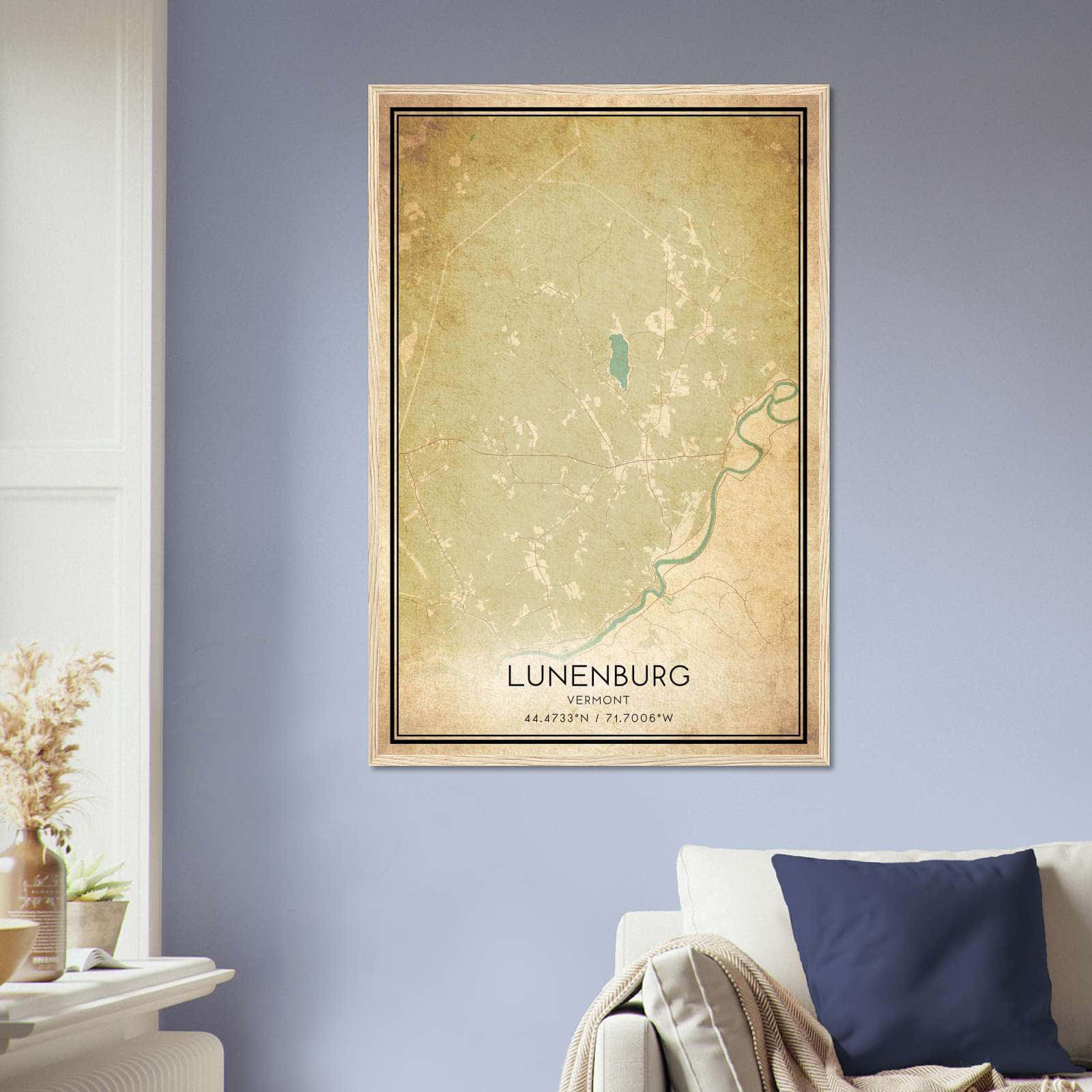 Vintage Lunenburg Vermont Map Poster, Lunenburg VT City Road Wall Art Print
