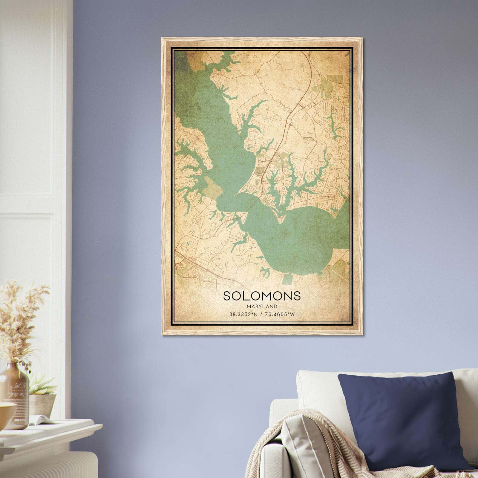 Vintage Solomons Maryland Map Poster, Solomons MD City Road Wall Art Print