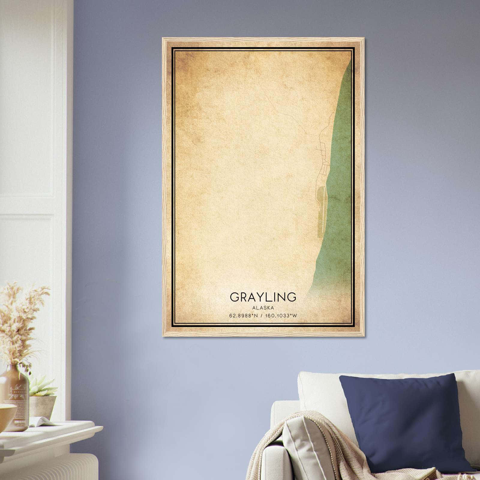 Vintage Grayling Alaska Map Poster, Grayling AK City Road Wall Art Print
