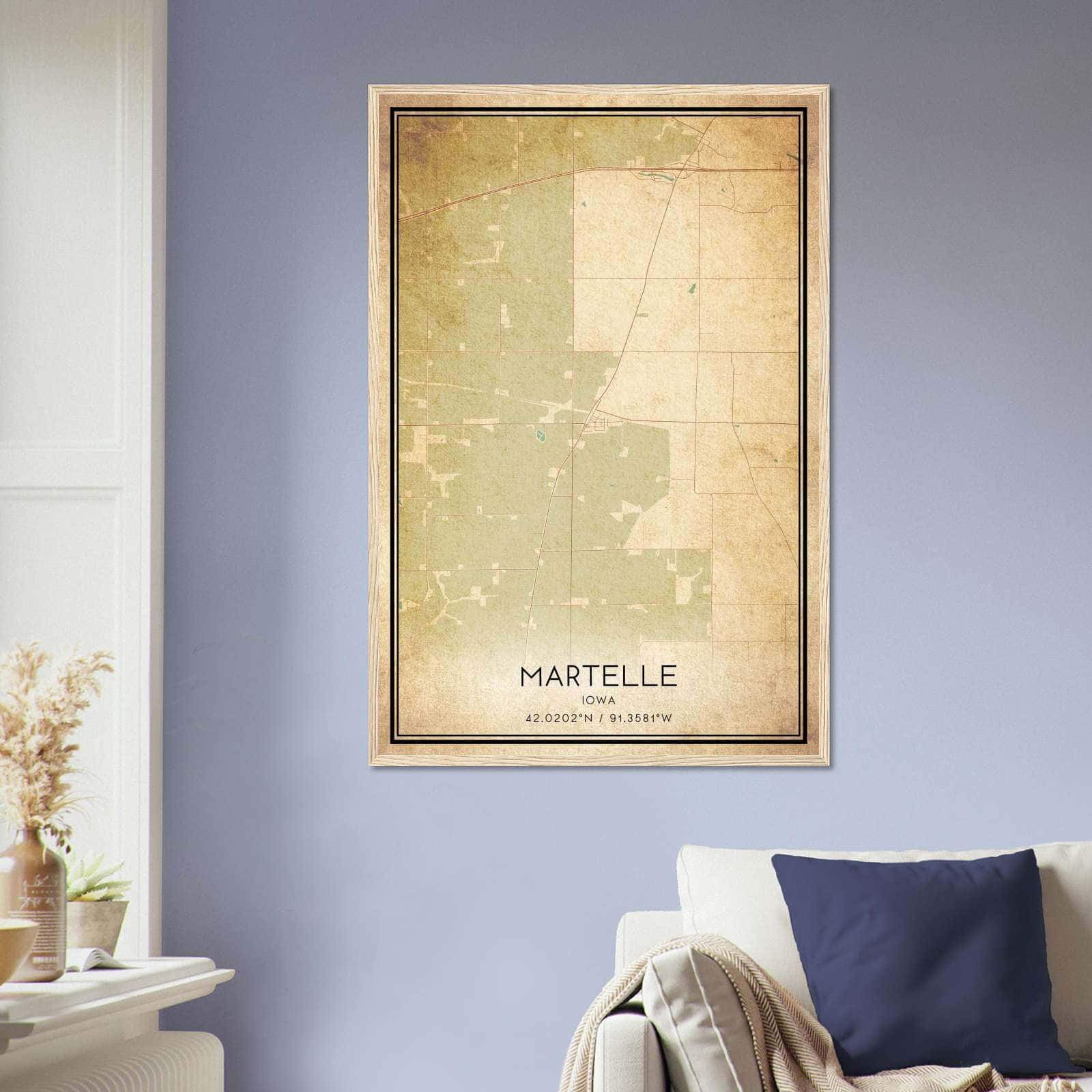 Vintage Martelle Iowa Map Poster, Martelle IA City Road Wall Art Print