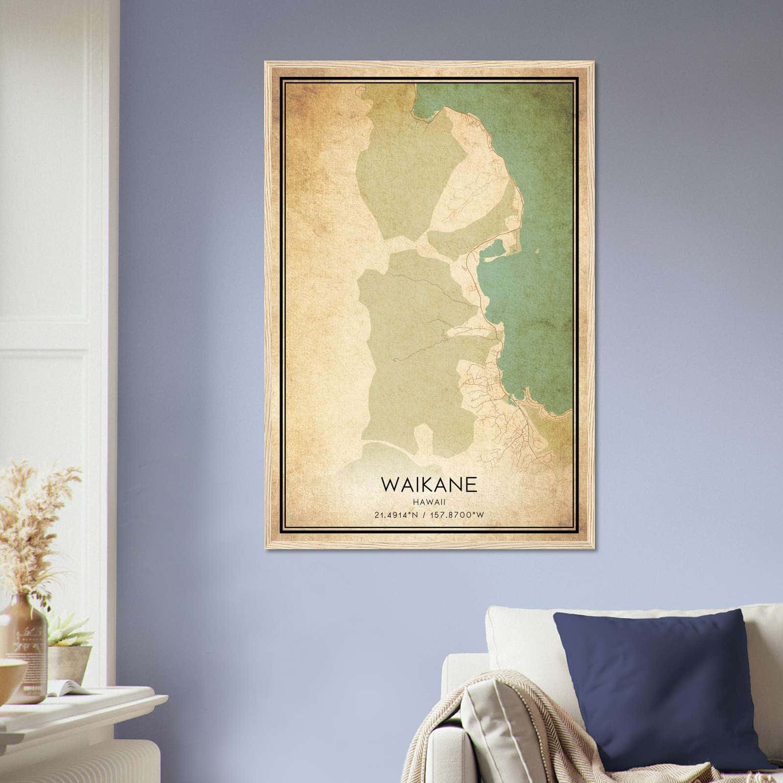 Vintage Waikane Hawaii Map Poster, Waikane HI City Road Wall Art Print