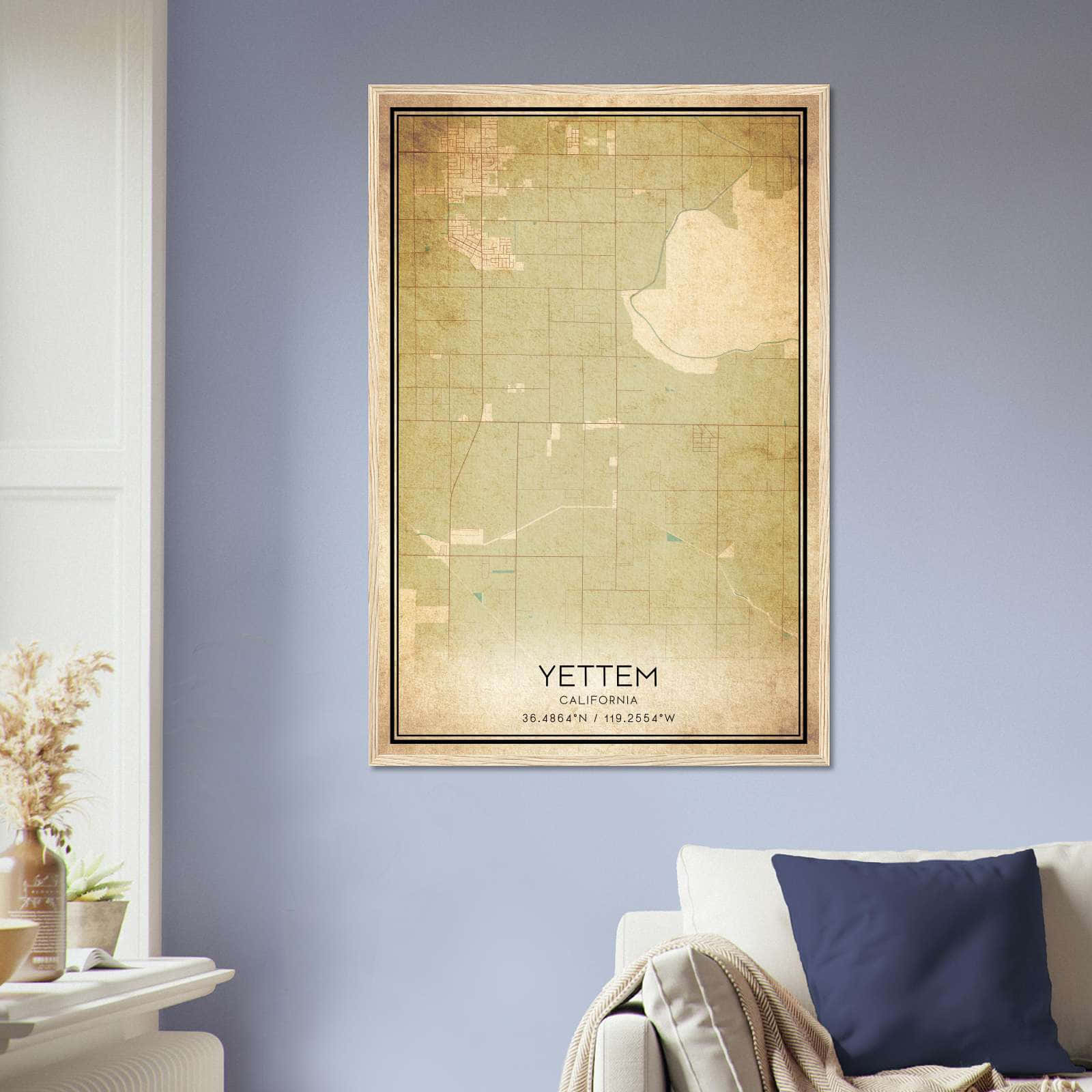 Vintage Yettem California Map Poster, Yettem CA City Road Wall Art Print