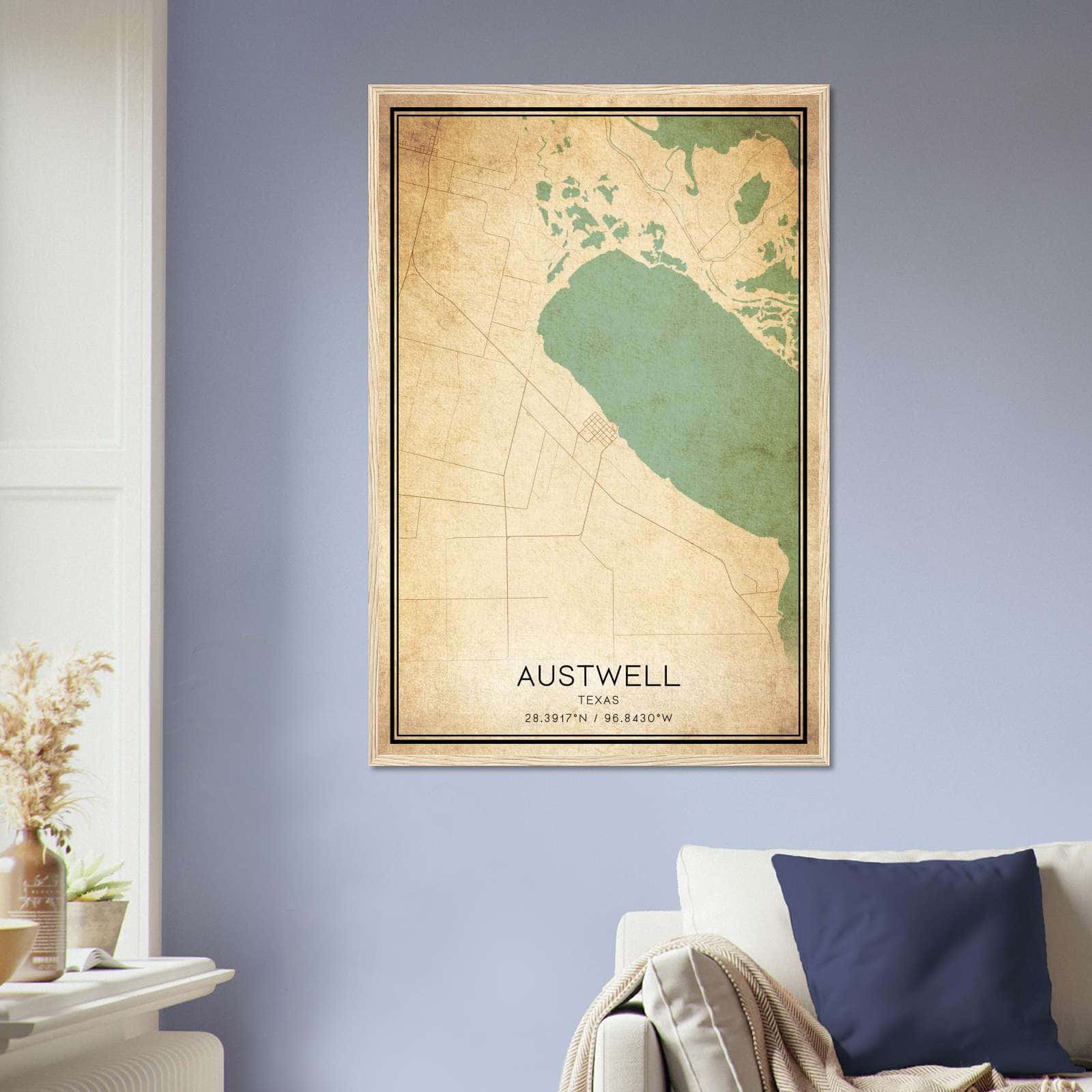 Vintage Austwell Texas Map Poster, Austwell TX City Road Wall Art Print