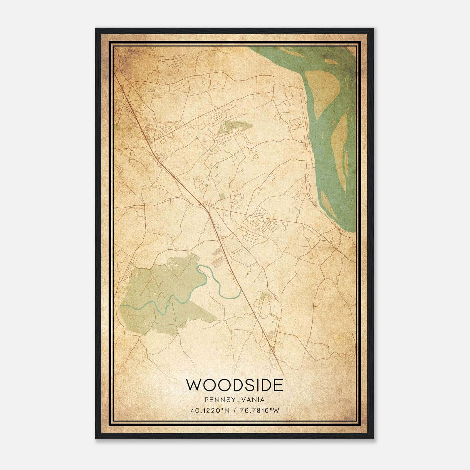 Vintage Woodside Pennsylvania Map Poster, Woodside PA City Road Wall Art Print Vintage Woodside Pennsylvania Map Poster, Woodside PA City Road Wall Art Print